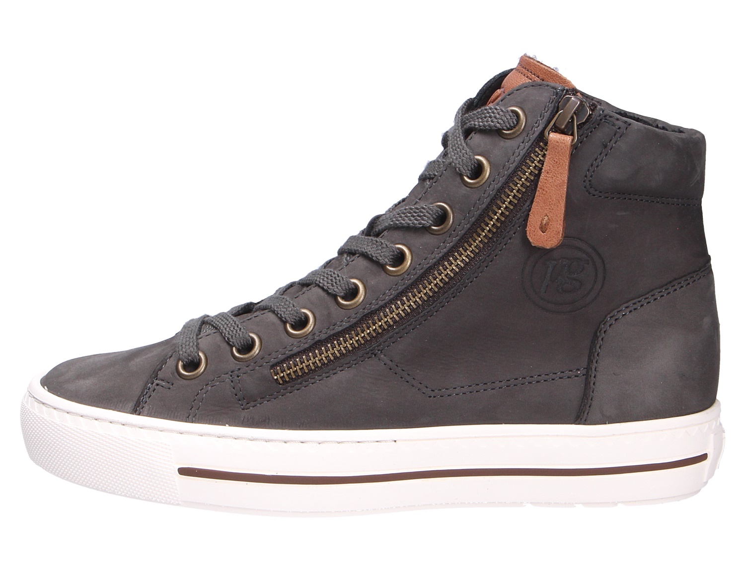 Paul Green Damen Sneaker aus weichem Nubukleder in Dunkelgrau, sportlicher Schnürschuh mit seitlichem Reißverschluss, flacher PU-Sohle und hohem Schaft