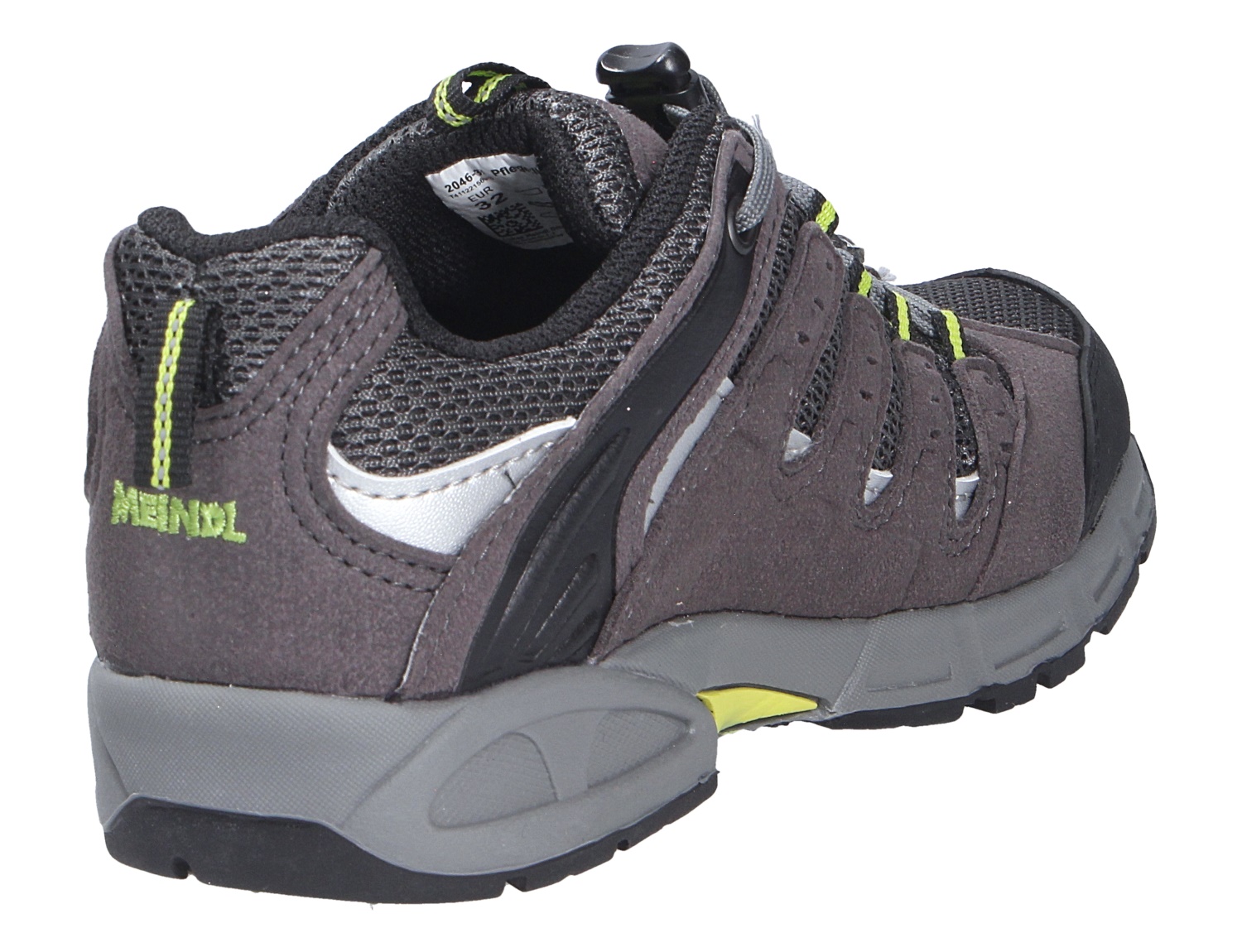 Meindl Snap Junior Kinder-Outdoorschuh in Grau, Schwarz und Neongelb mit robuster Sohle, Seiten- und Rückansicht