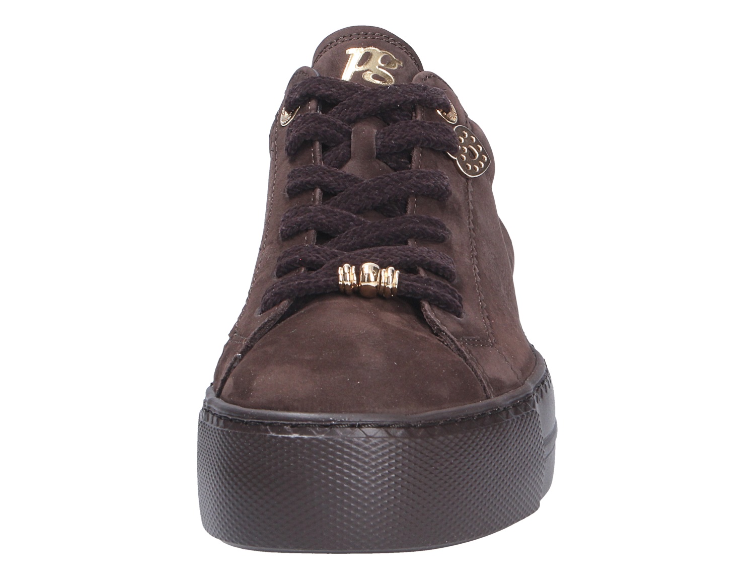 Frontansicht des Paul Green Damen Sneaker in Dunkelbraun aus Veloursleder mit breiten Schnürsenkeln, Plateausohle und goldfarbenen Details