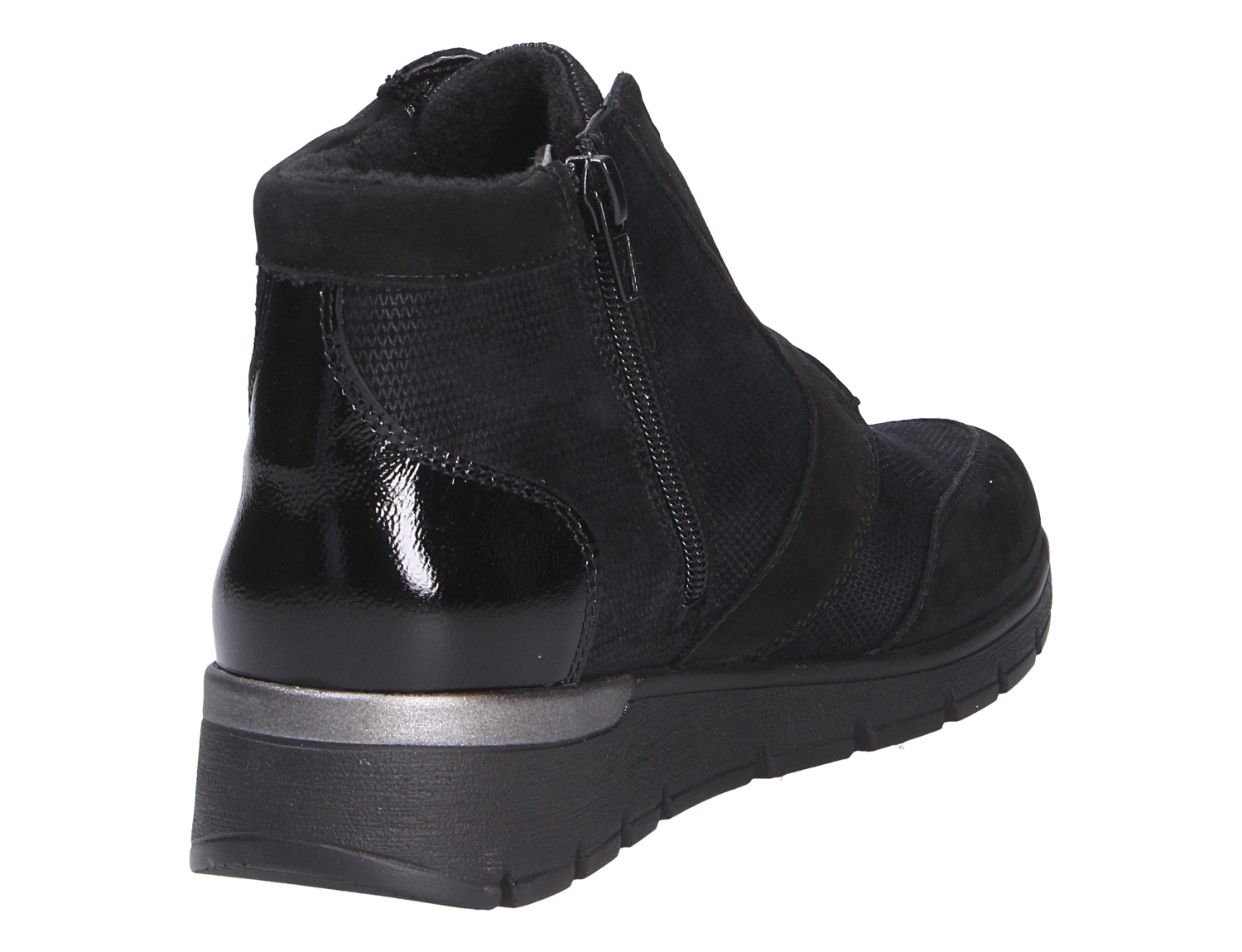 Rückansicht der schwarzen Waldläufer K-Ramona Damen-Stiefelette mit seitlichem Reißverschluss und profilierter Sohle