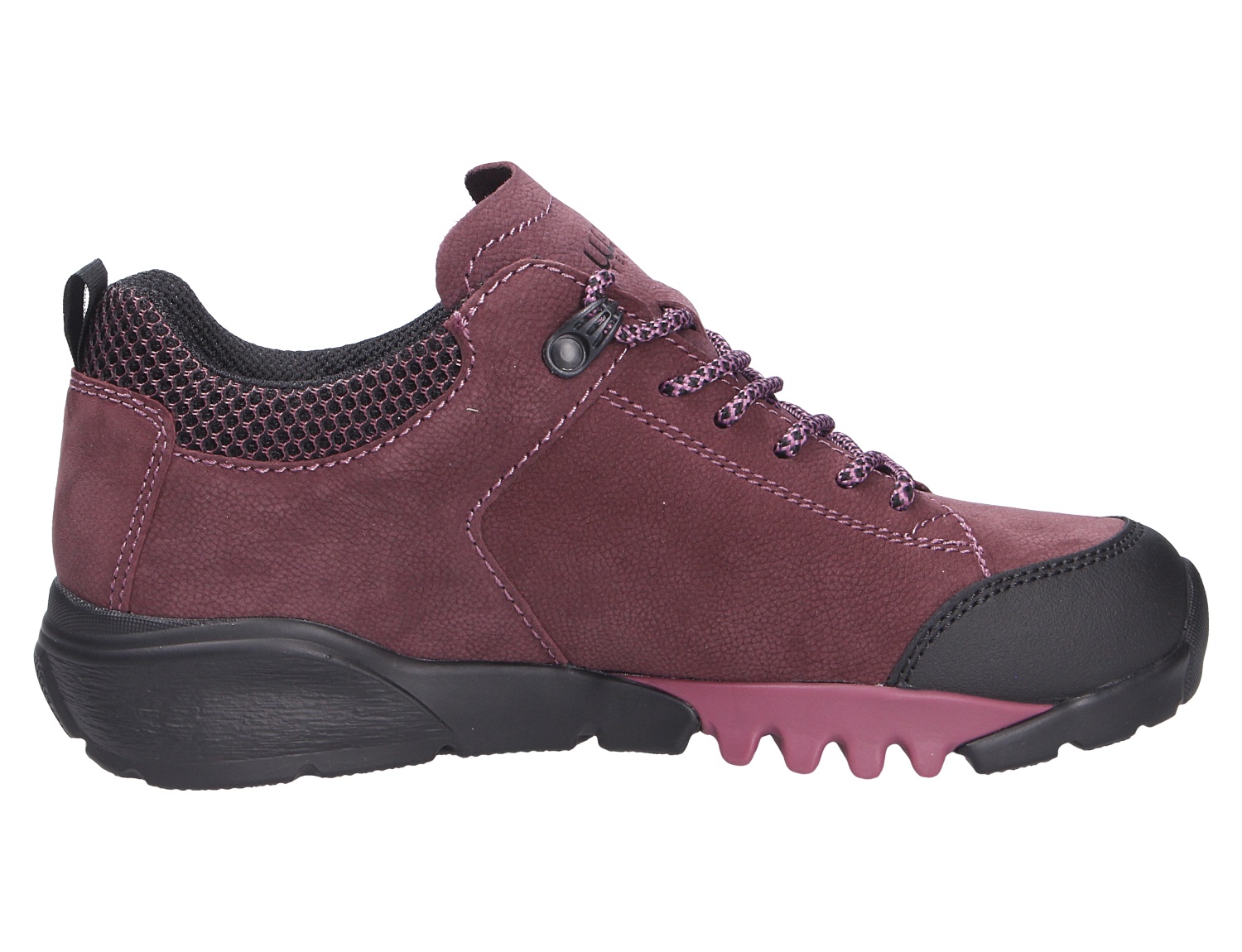 Waldläufer H-Amiata Damen-Sneaker in Bordeaux mit Schnürung, schwarzer Profilsohle und verstärkter Zehenkappe in der Seitenansicht