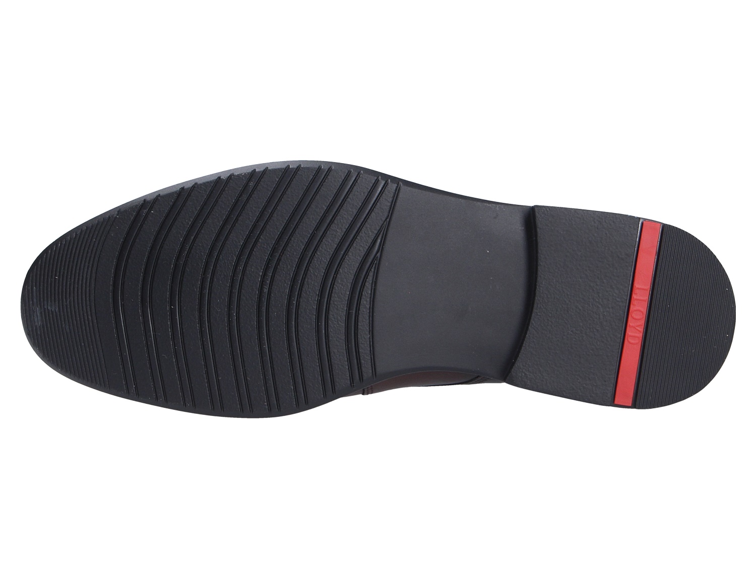 Unterseite der schwarzen Lloyd CORE 110 Schuhsohle mit feinem Profil und rotem Detail am Absatz