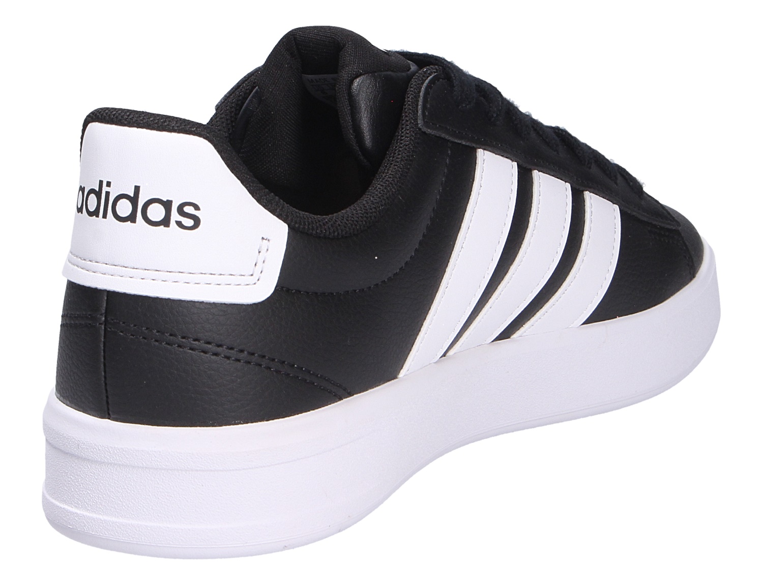 Adidas GRAND COURT 3.0 Sneaker in Schwarz mit weißen 3-Streifen und weißer Sohle, Rück- und Seitenansicht