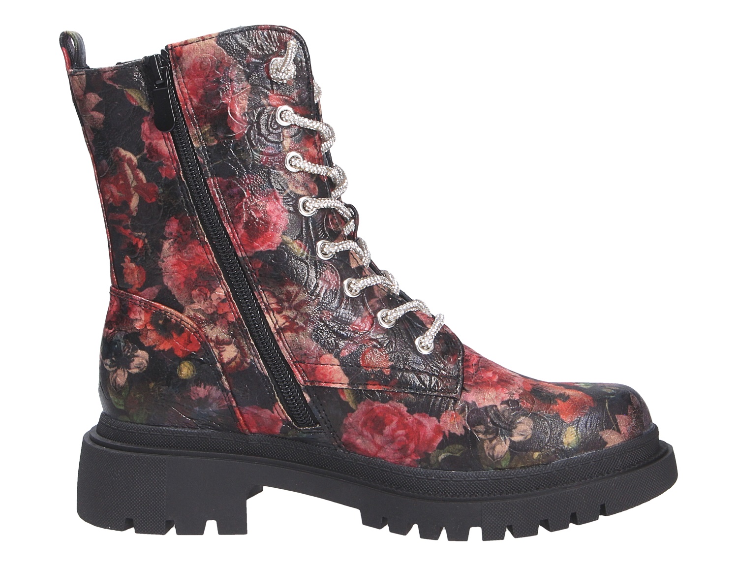 La Strada Damen Stiefel mit floralem Muster in Rot-Schwarz, seitlichem Reißverschluss, Schnürung und schwarzer Profilsohle