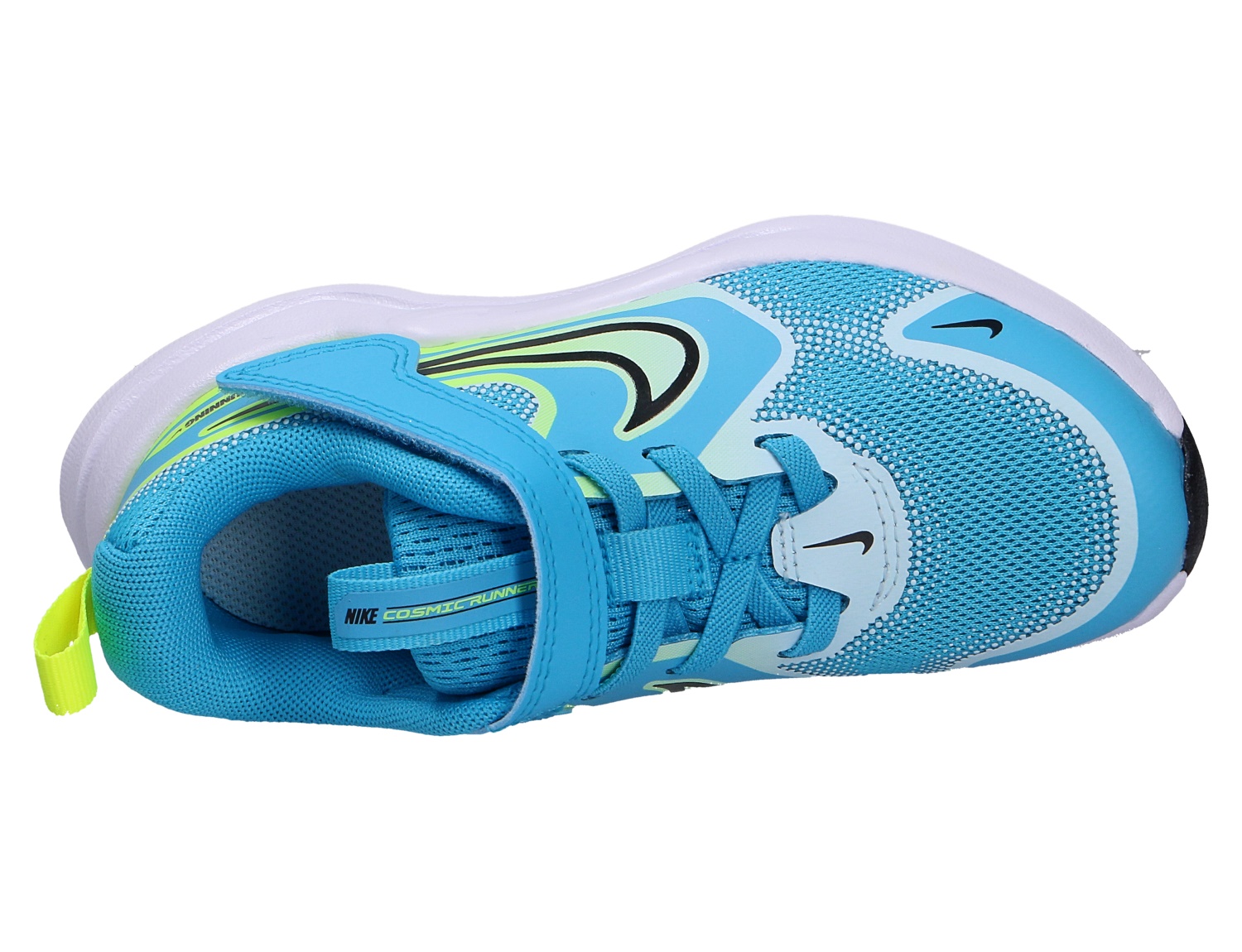 Nike Cosmic Runner Kinder-Laufschuh in Blau aus der Draufsicht, mit Klettverschluss, Schnürung, atmungsaktivem Mesh und gepolsterter Sohle