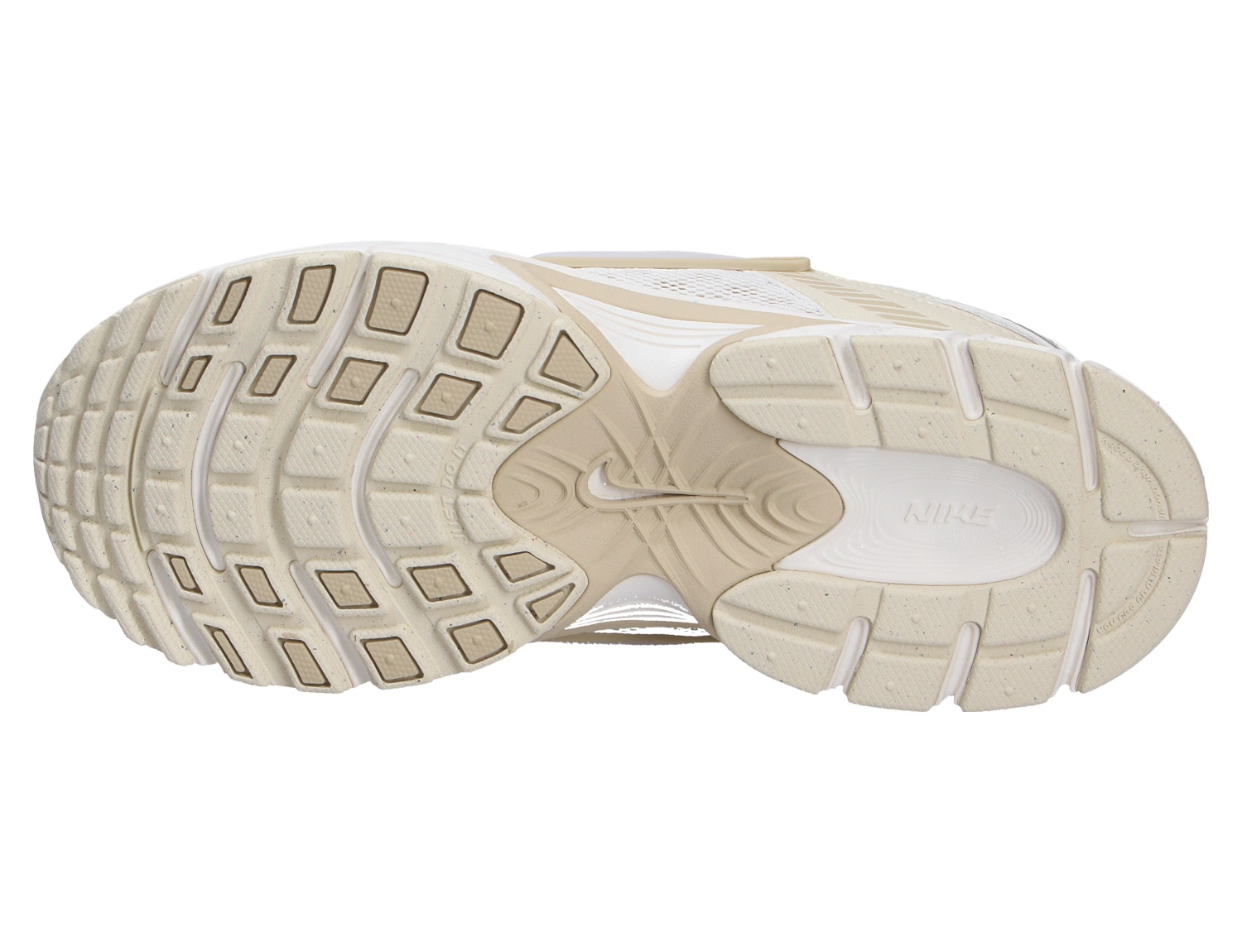 Nike V5 RNR Sneaker mit beigefarbener Laufsohle, Unteransicht mit profiliertem Sohlenmuster und Nike-Branding