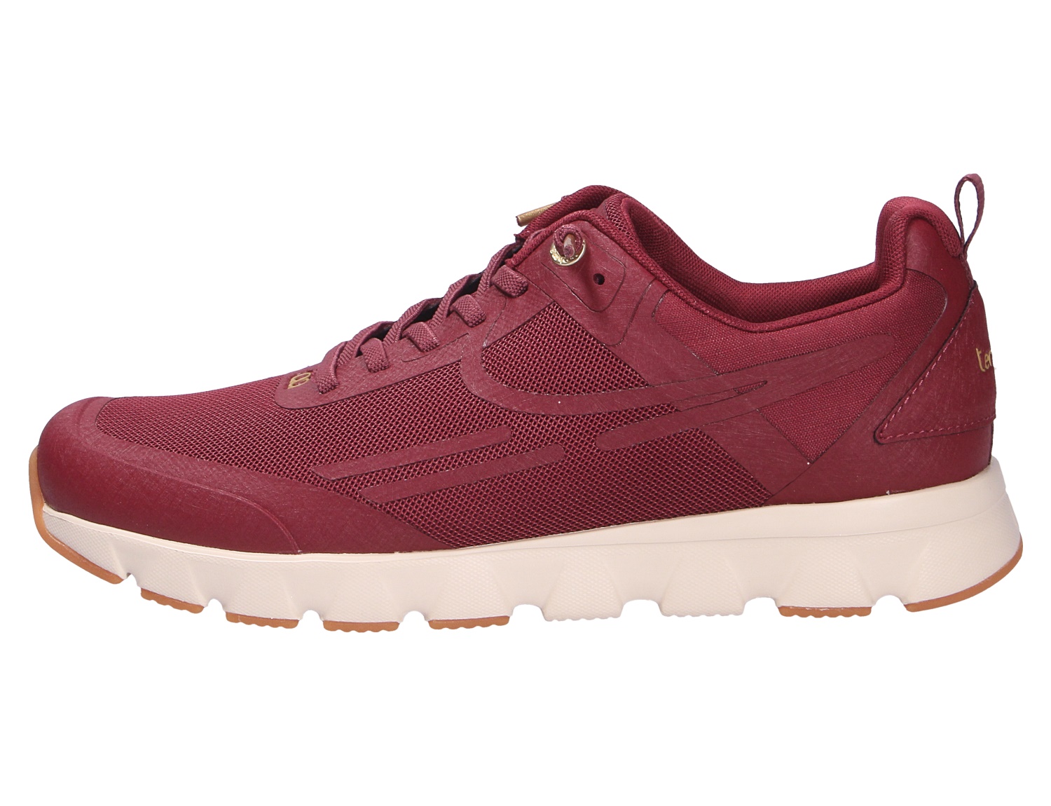 Seitenansicht des tenhaag 0003 von tenhaag: bordeauxfarbener Sneaker mit atmungsaktivem Mesh, Schnürung und heller, profilierter Sohle