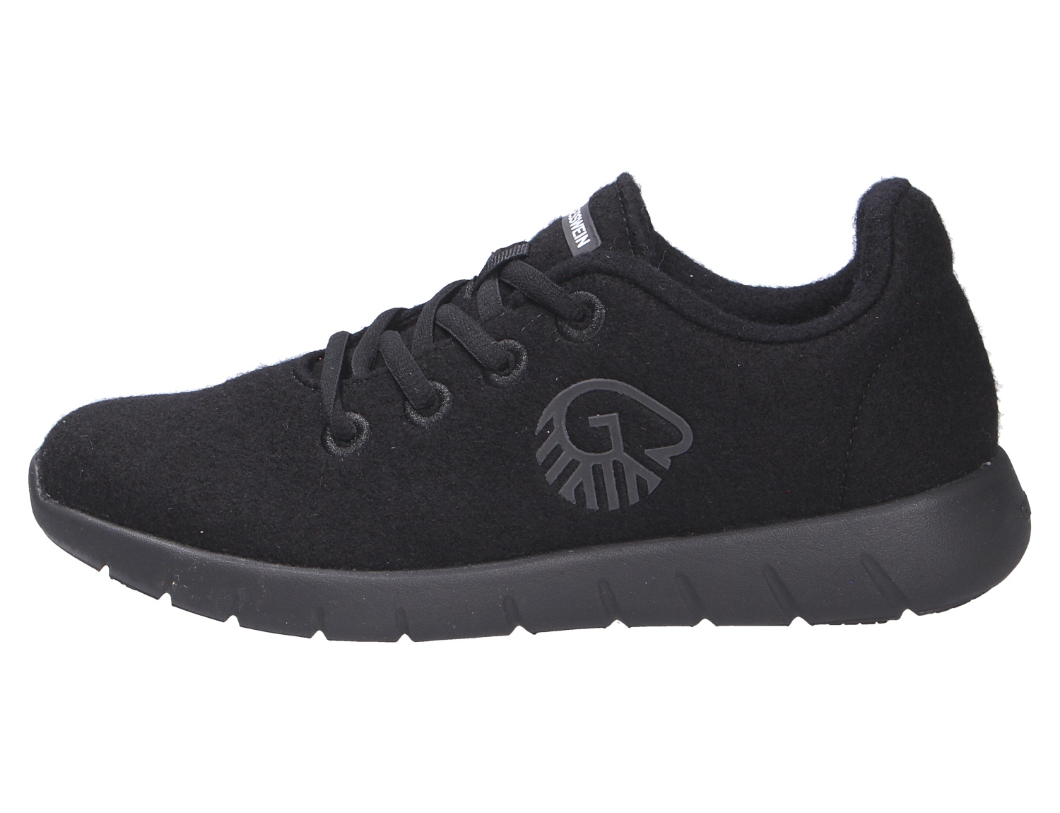 Giesswein MERINO RUNNERS WOMEN in Schwarz, leichter Damen-Sneaker aus Merinowolle mit Schnürung und flexibler Sohle in der Seitenansicht