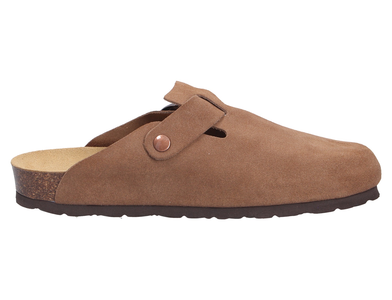 Rohde GRADO brauner Clog-Hausschuh aus Veloursleder mit verstellbarem Riemen und Korkfußbett, Seitenansicht
