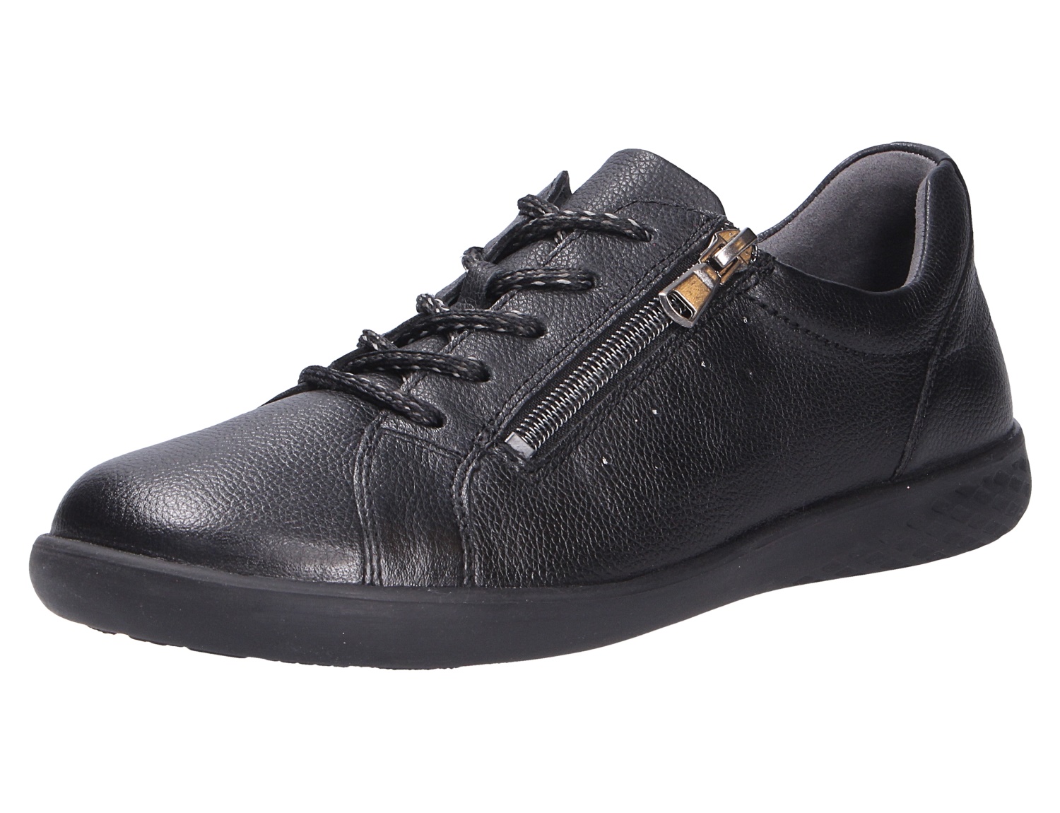 Waldläufer H-Cloé Damen-Sneaker aus schwarzem Leder mit Schnürung, seitlichem Reißverschluss und flacher Laufsohle