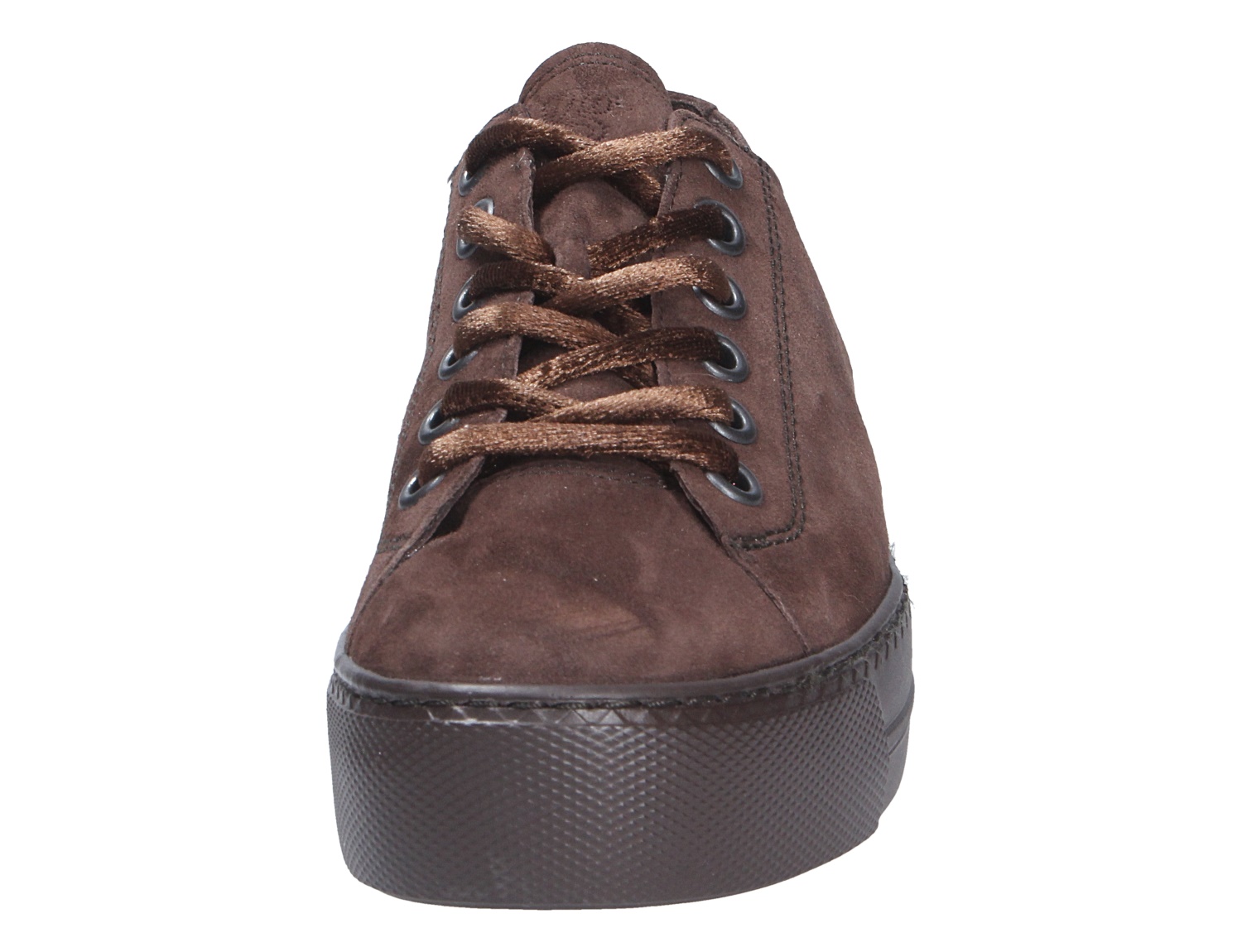 Frontansicht des Paul Green Damen Sneakers aus braunem Veloursleder mit Schnürung und plateauförmiger Sohle
