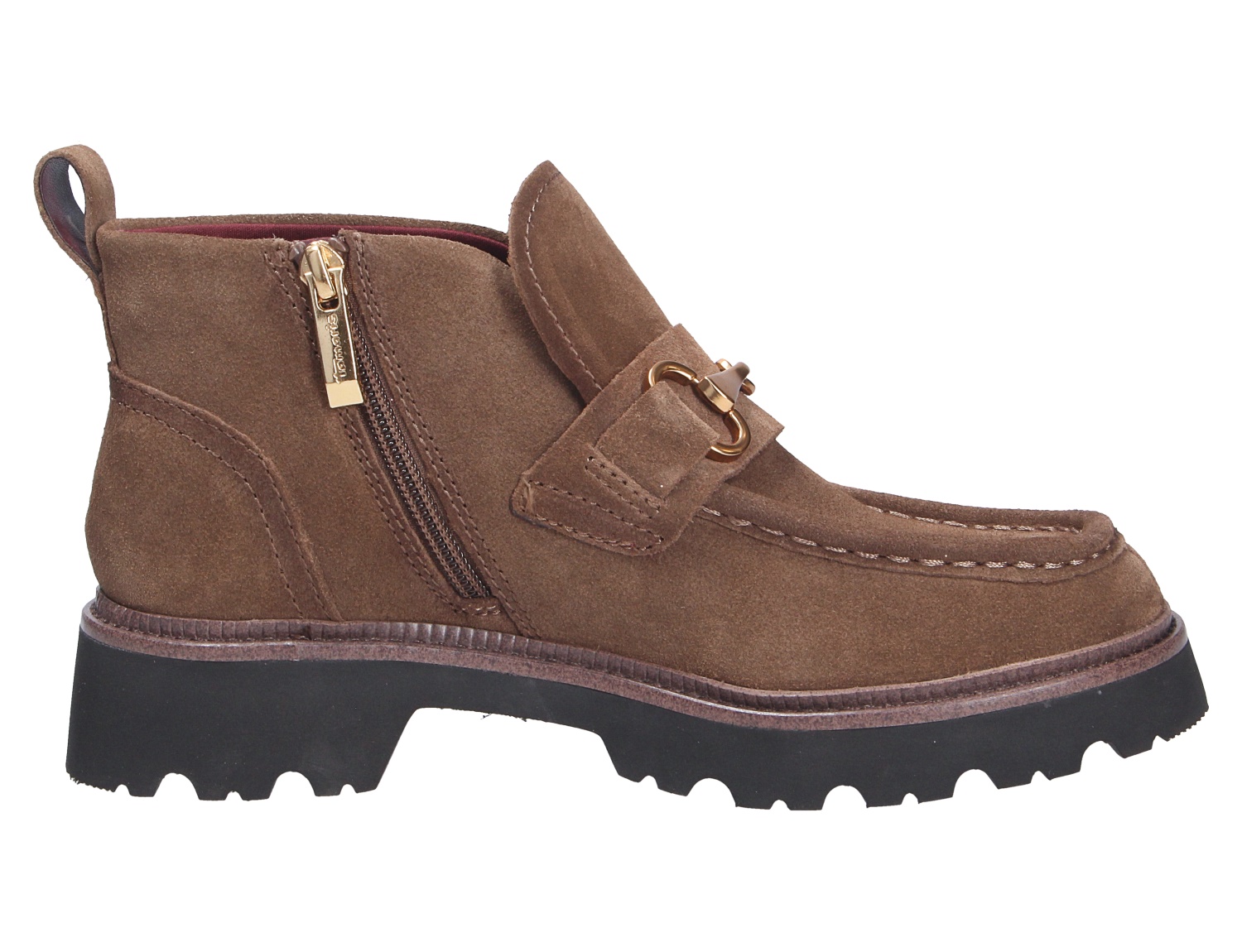 Tamaris Damen Stiefel in Braun aus Veloursleder, seitliche Ansicht mit Reißverschluss, goldfarbener Zierspange und markanter Profilsohle