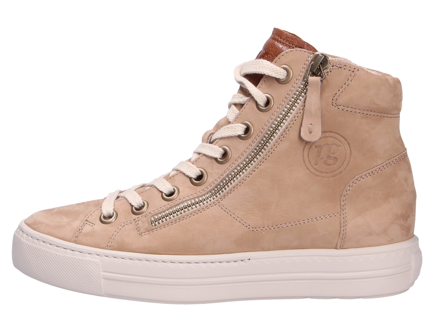 Paul Green Damen Sneaker aus beigem Nubukleder als High-Top mit Schnürung, seitlichem Reißverschluss und heller Sohle