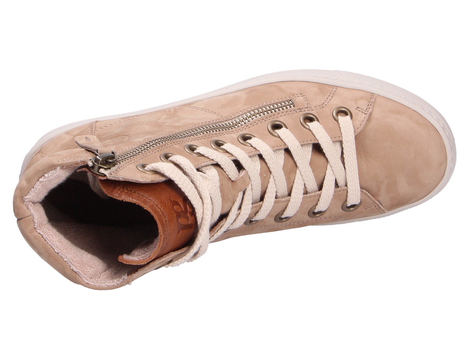 Paul Green Damen Sneaker in Beige aus weichem Nubukleder, Draufsicht mit Schnürung, seitlichem Reißverschluss und heller Sohle