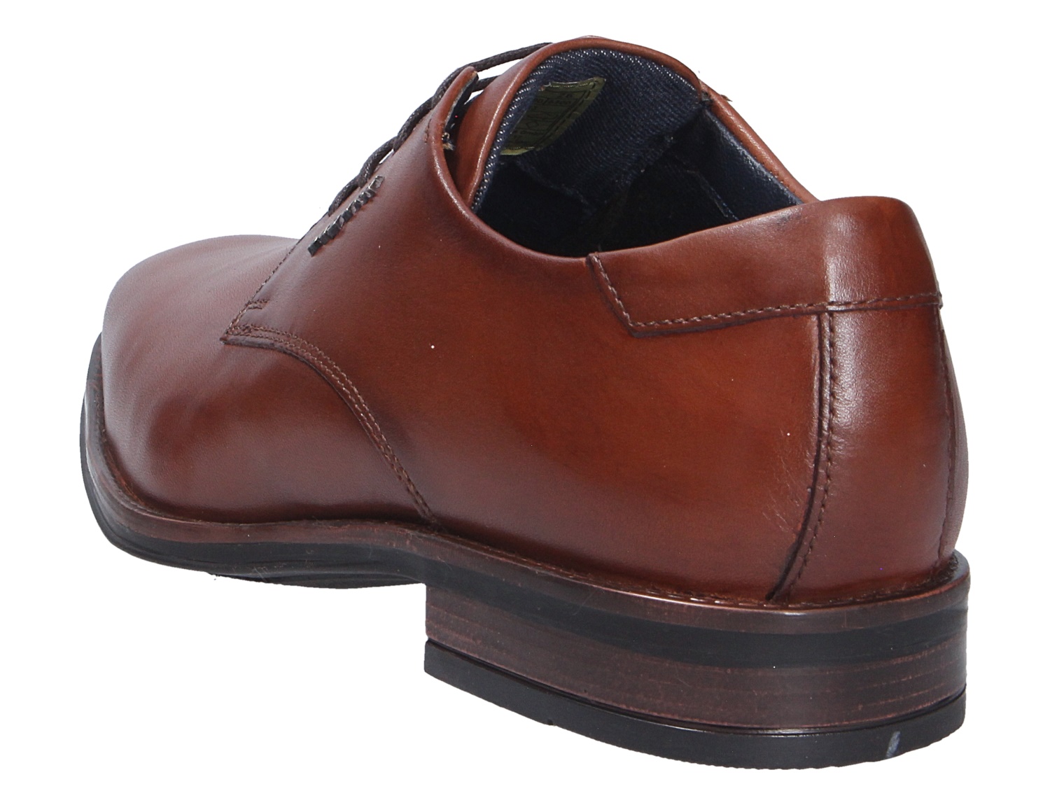 bugatti Herren Schnürschuhe aus braunem Leder mit glatter Oberfläche, schwarzer Sohle und niedrigem Absatz in Rück- und Seitenansicht