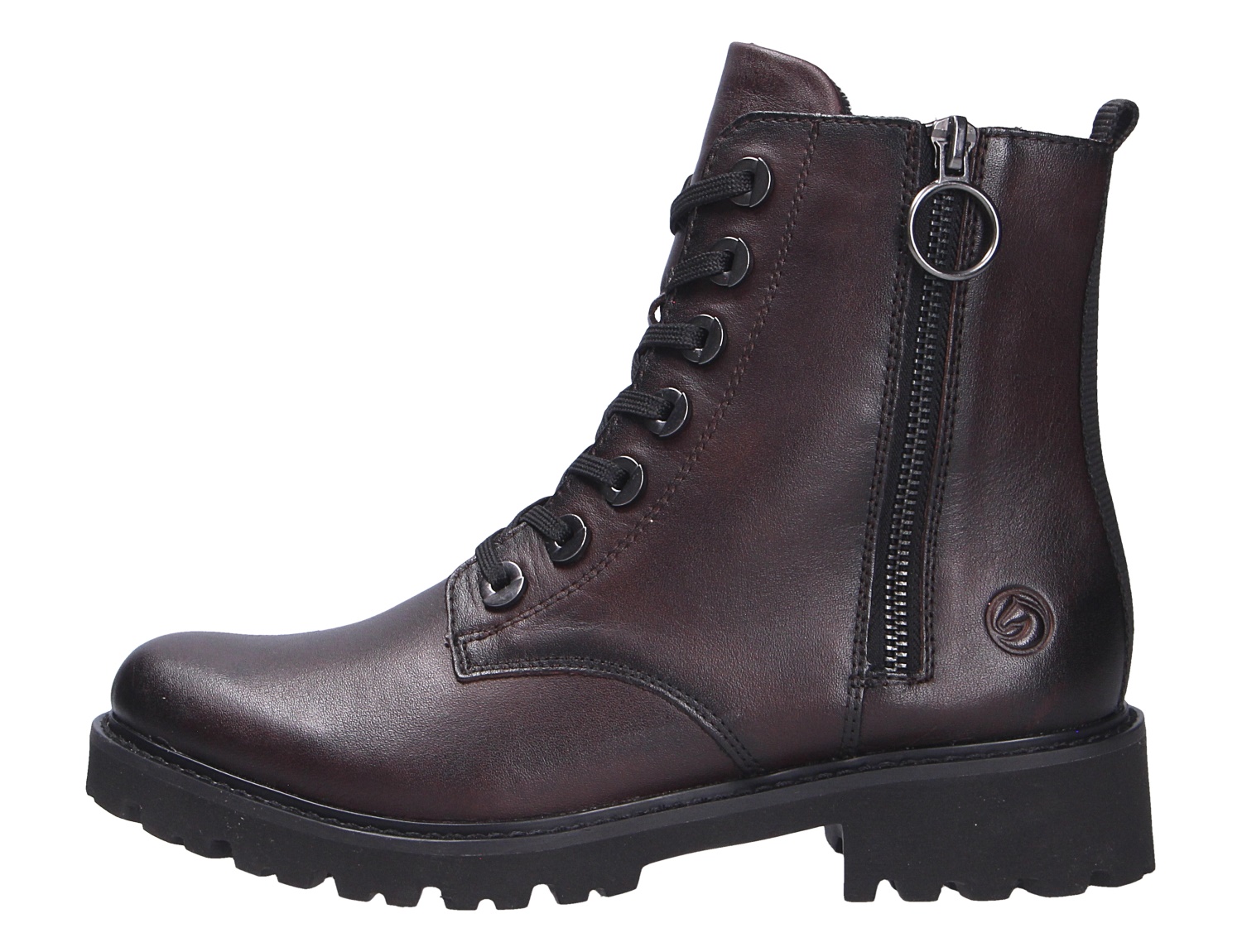 Remonte Damen Stiefel in Dunkelbraun aus Leder, seitliche Ansicht mit Schnürung, Reißverschluss und profilierter Sohle
