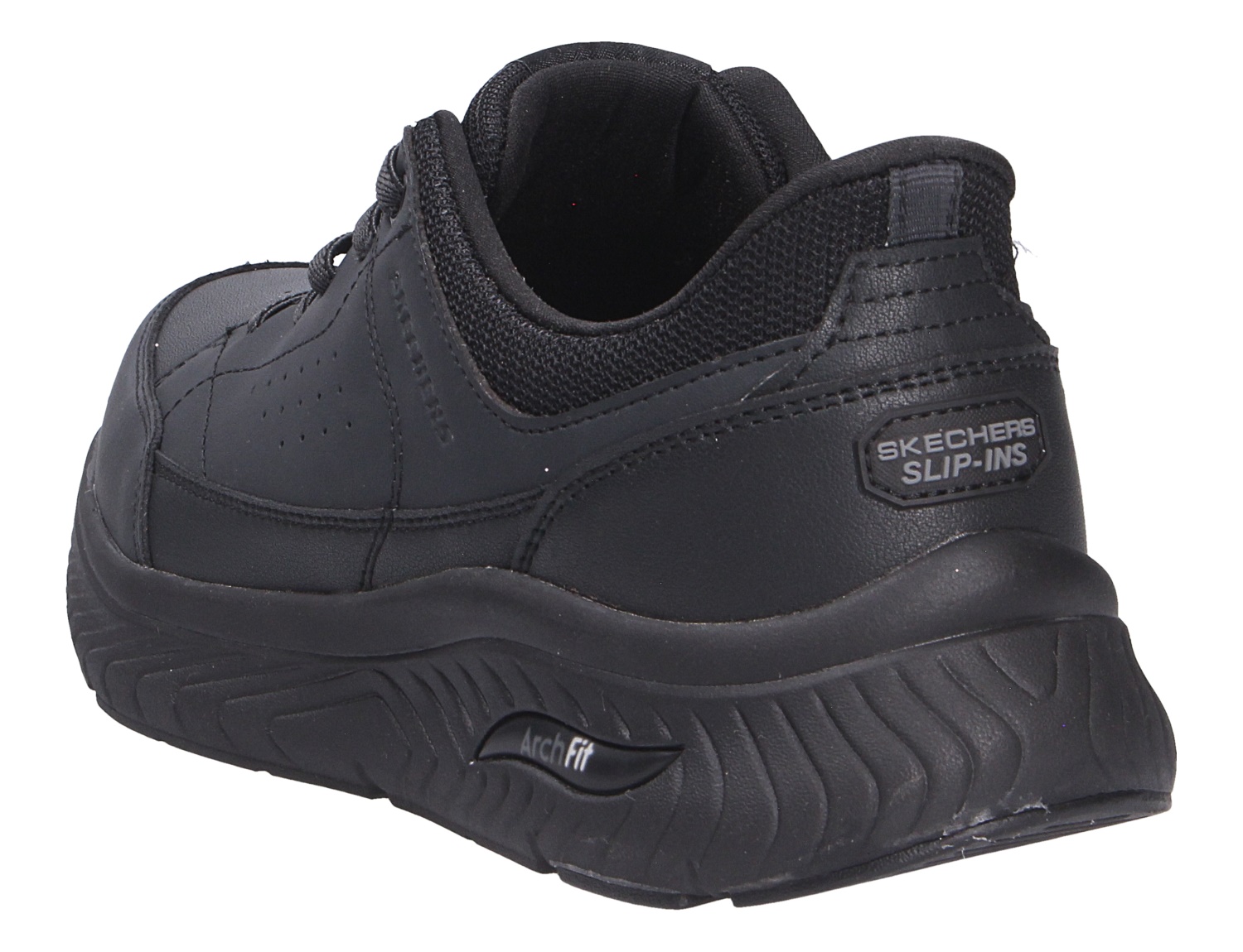 Skechers Arch Fit schwarzer Slip-ins Sneaker in schräger Rückansicht mit gepolstertem Schaft und profilierter Sohle