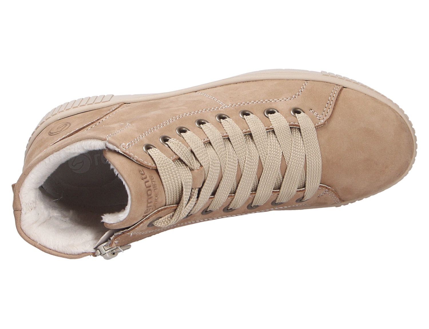 Draufsicht auf einen beigen Remonte Damen Stiefel mit Schnürung, seitlichem Reißverschluss und kuscheligem Warmfutter