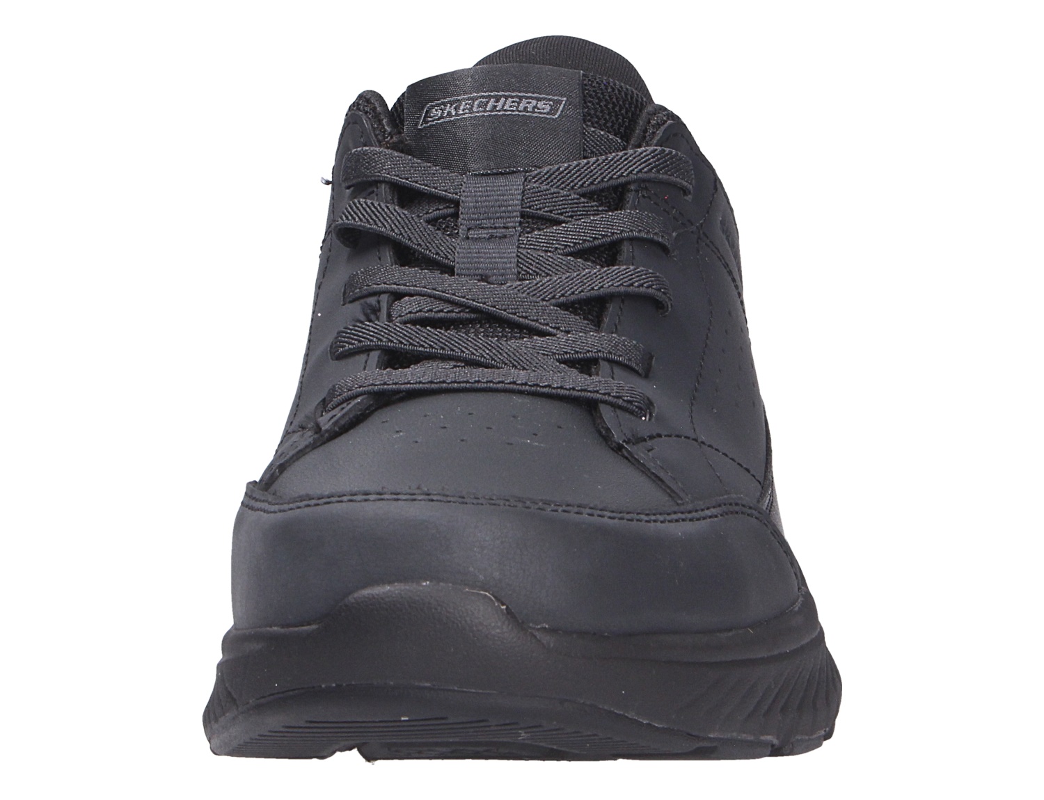 Frontansicht des schwarzen Skechers Arch Fit Sneakers mit Schnürung und gepolsterter Sohle