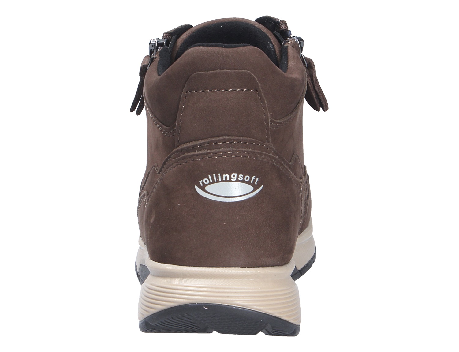 Rückansicht der braunen Gabor Damen Schnürschuhe mit rollingsoft Logo, Reißverschluss und heller Laufsohle