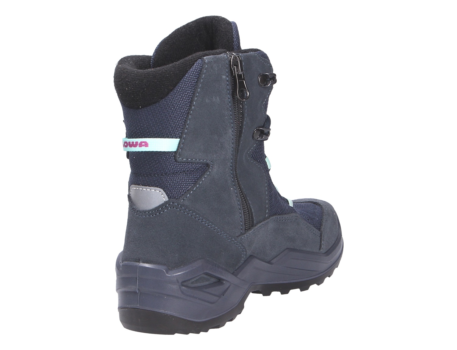 Rückansicht des Lowa LINO GTX HI JR Kinder-Winterstiefels in Navy mit hohem Schaft, Reißverschluss und robuster Profilsohle