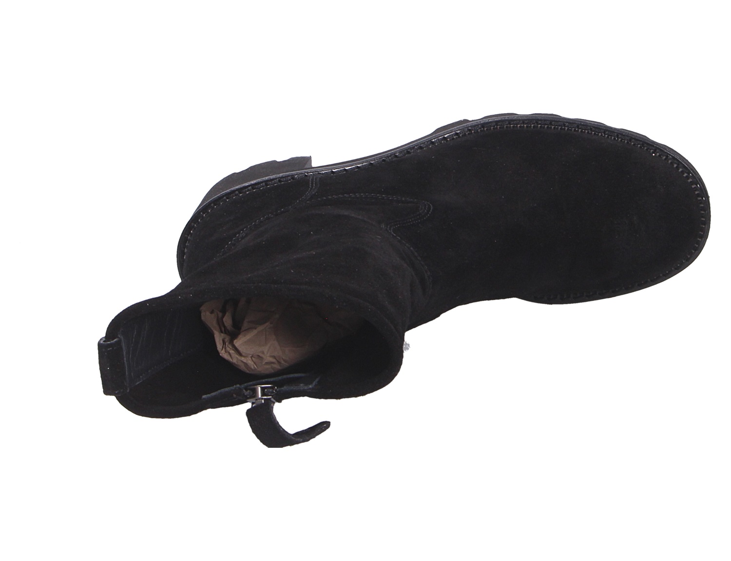 Paul Green Damen Stiefel in Schwarz aus Veloursleder, Draufsicht mit Reißverschluss und flacher Sohle