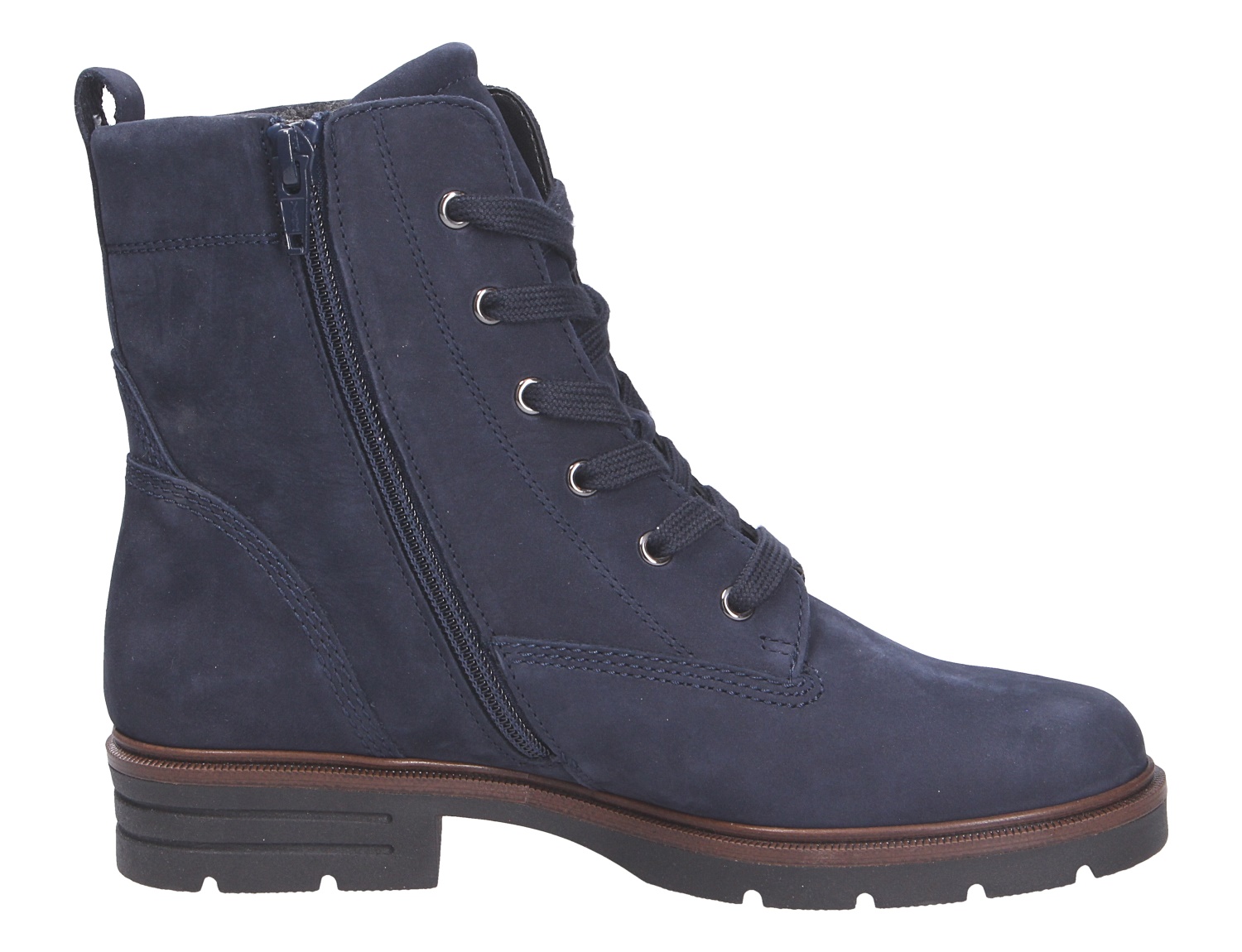 Gabor Damen Stiefel aus dunkelblauem Nubukleder mit Schnürung, seitlichem Reißverschluss und profilierter Sohle