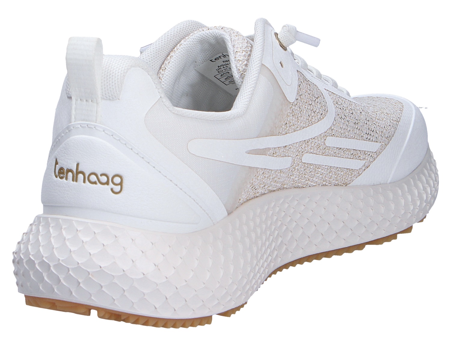 Weißer Sneaker neohhag von tenhaag mit Mesh-Obermaterial, strukturierter Plateausohle und goldfarbenem Logo an der Ferse