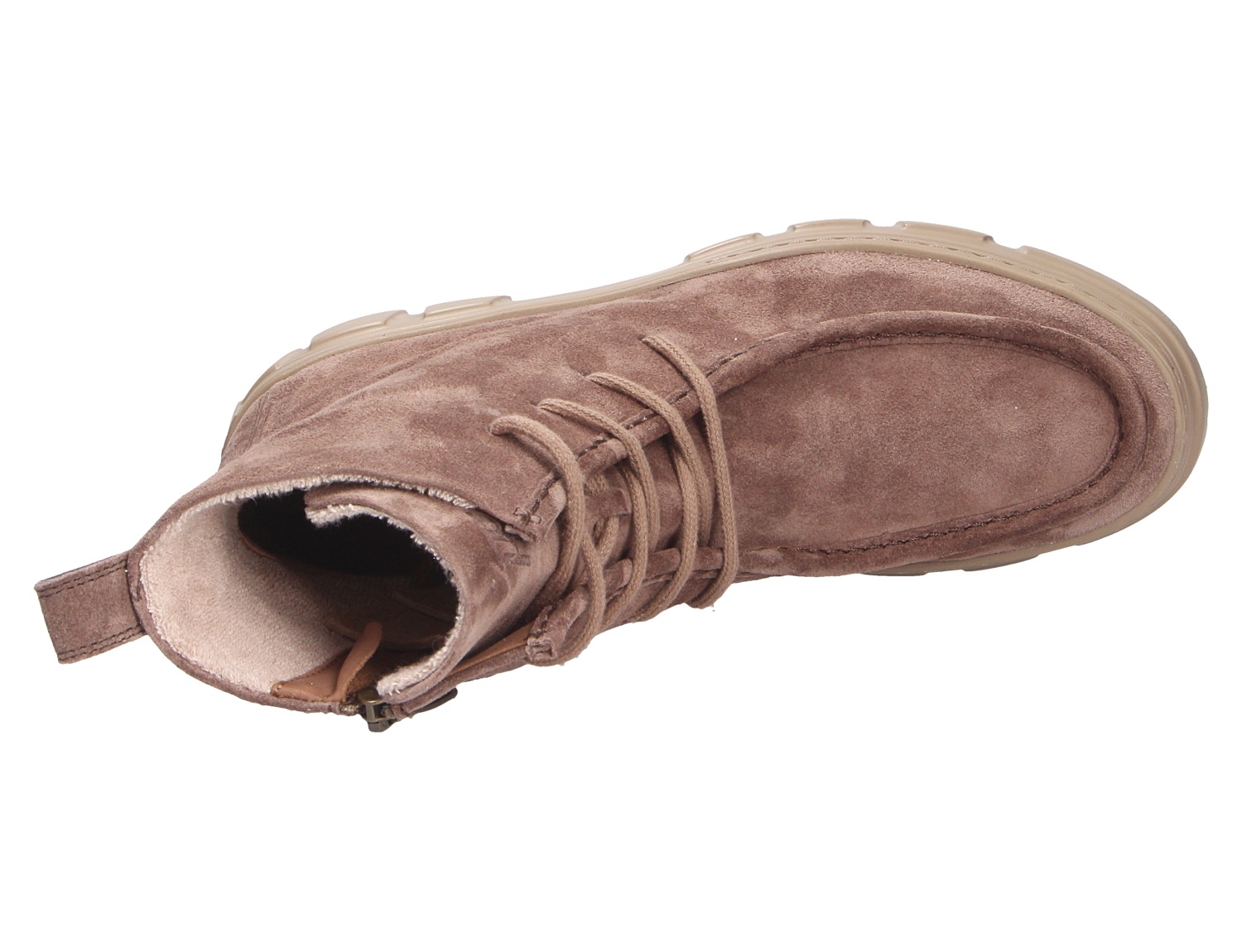 Paul Green Damen Schnürschuhe aus taupefarbenem Veloursleder, Draufsicht auf knöchelhohen Schuh mit Schnürung, Reißverschluss und heller Profilsohle