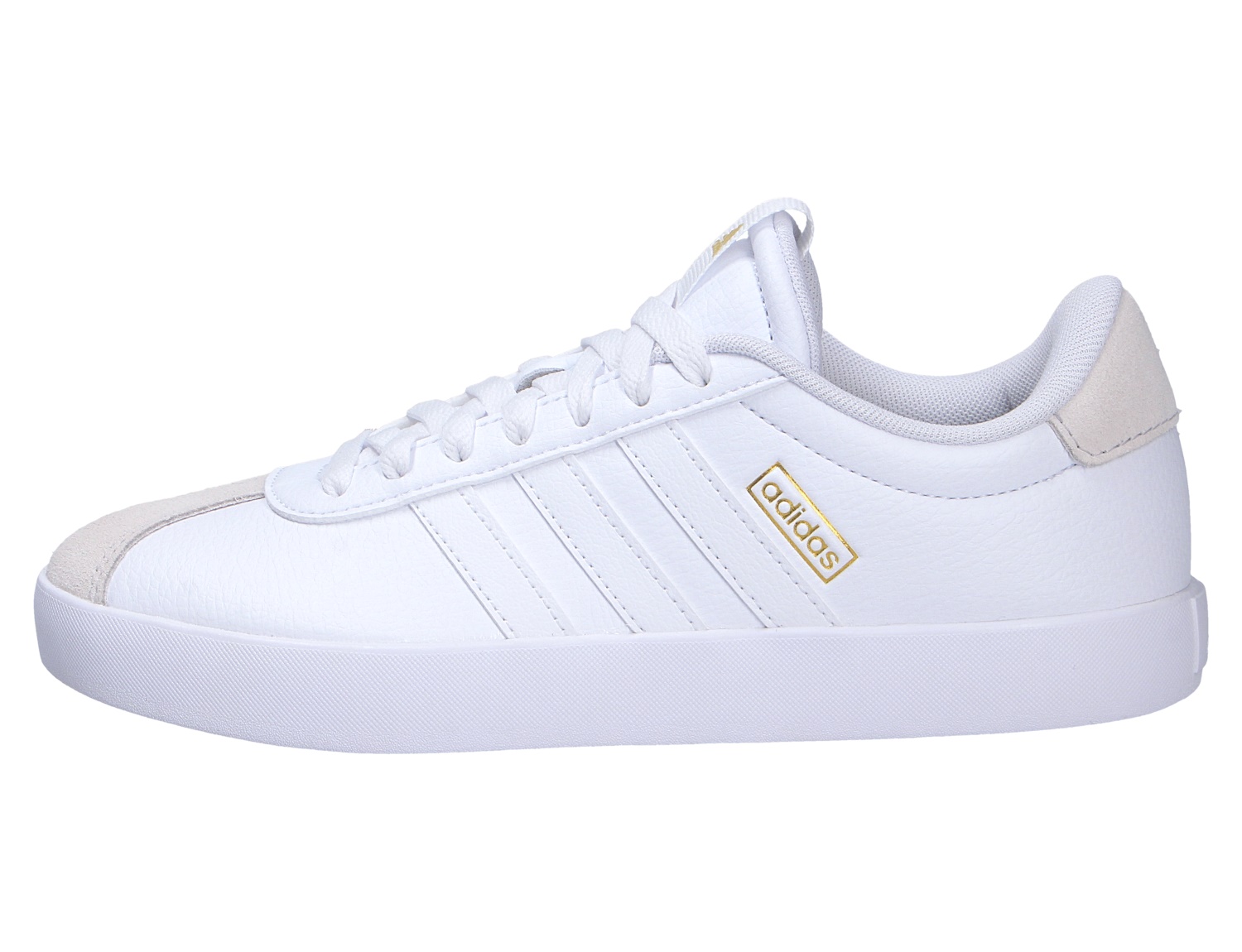 Adidas VL COURT 3.0 Sneaker in Weiß mit 3-Streifen, seitliche Ansicht, weiße Sohle und Velours-Details an Spitze und Ferse