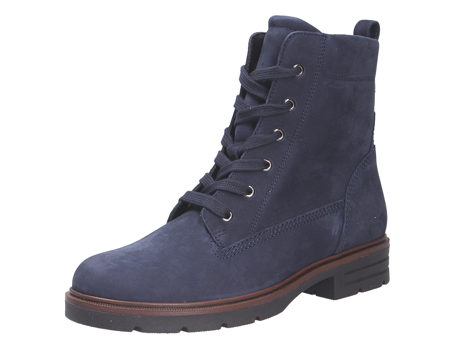 Gabor Damen Stiefel aus dunkelblauem Nubukleder, knöchelhoher Schnürstiefel mit Ösen, Zuglasche und robuster Profilsohle