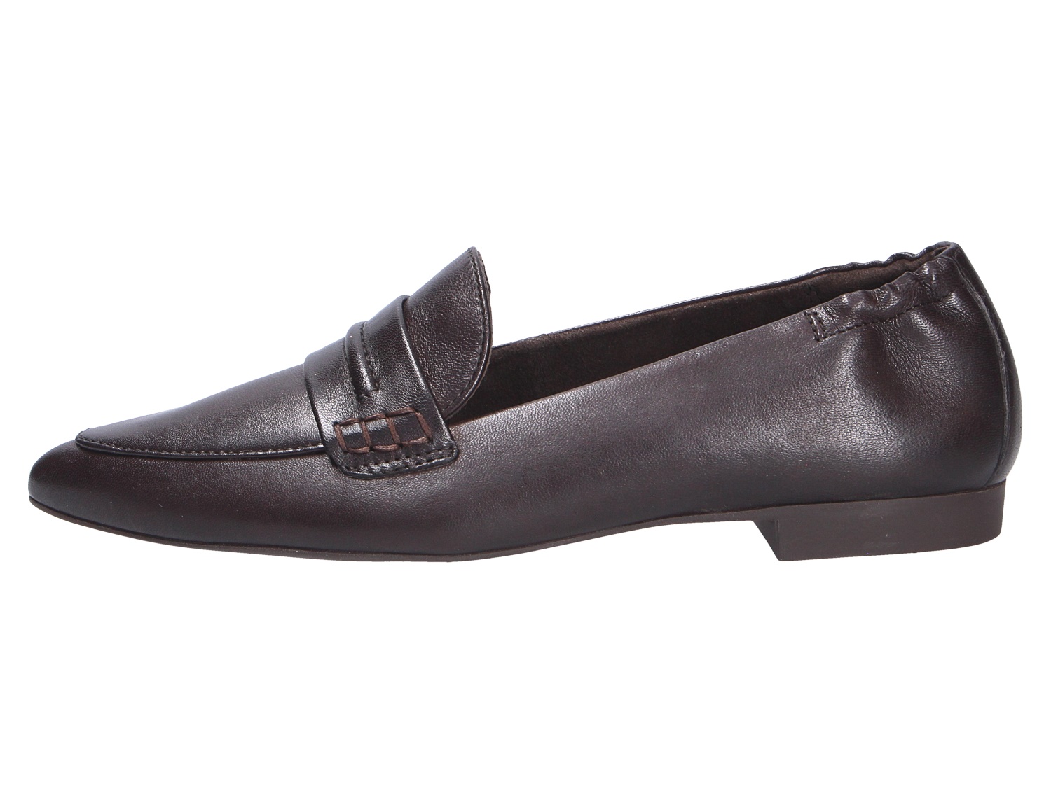 Paul Green Damen Slipper aus dunkelbraunem Glattleder mit flachem Absatz und klassischer Penny-Loafer-Spange in Seitenansicht