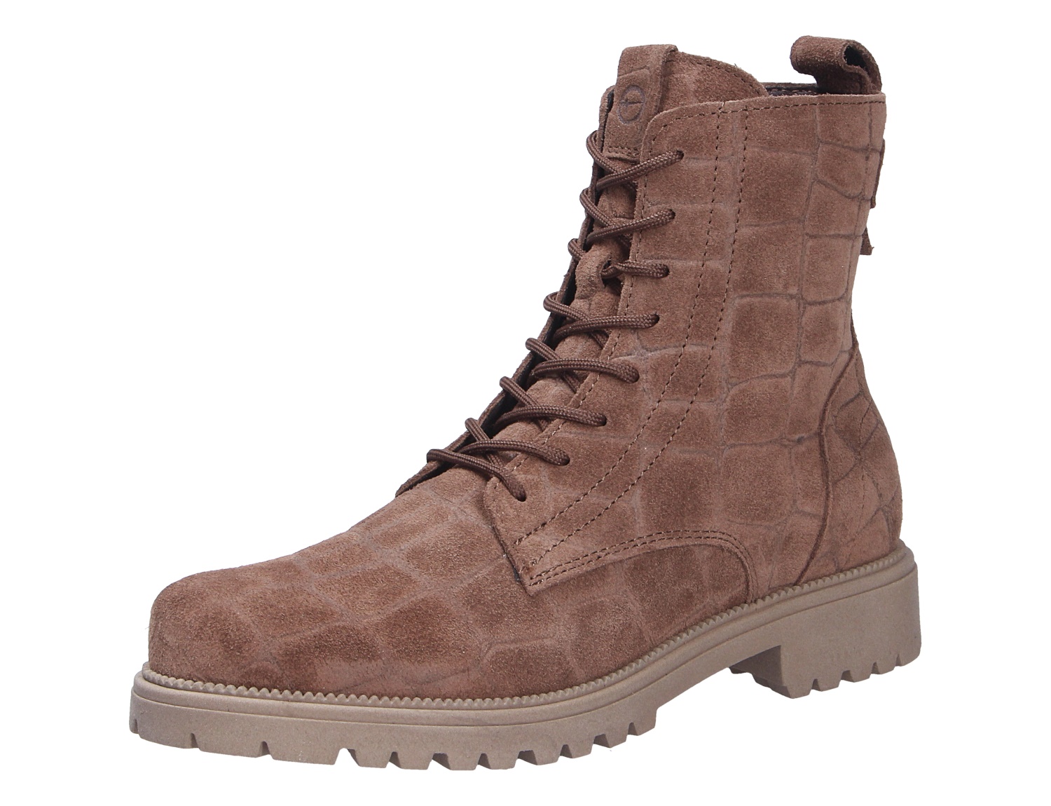 Tamaris Damen Stiefel in Braun aus Veloursleder mit Kroko-Prägung, Schnürung und robuster Profilsohle