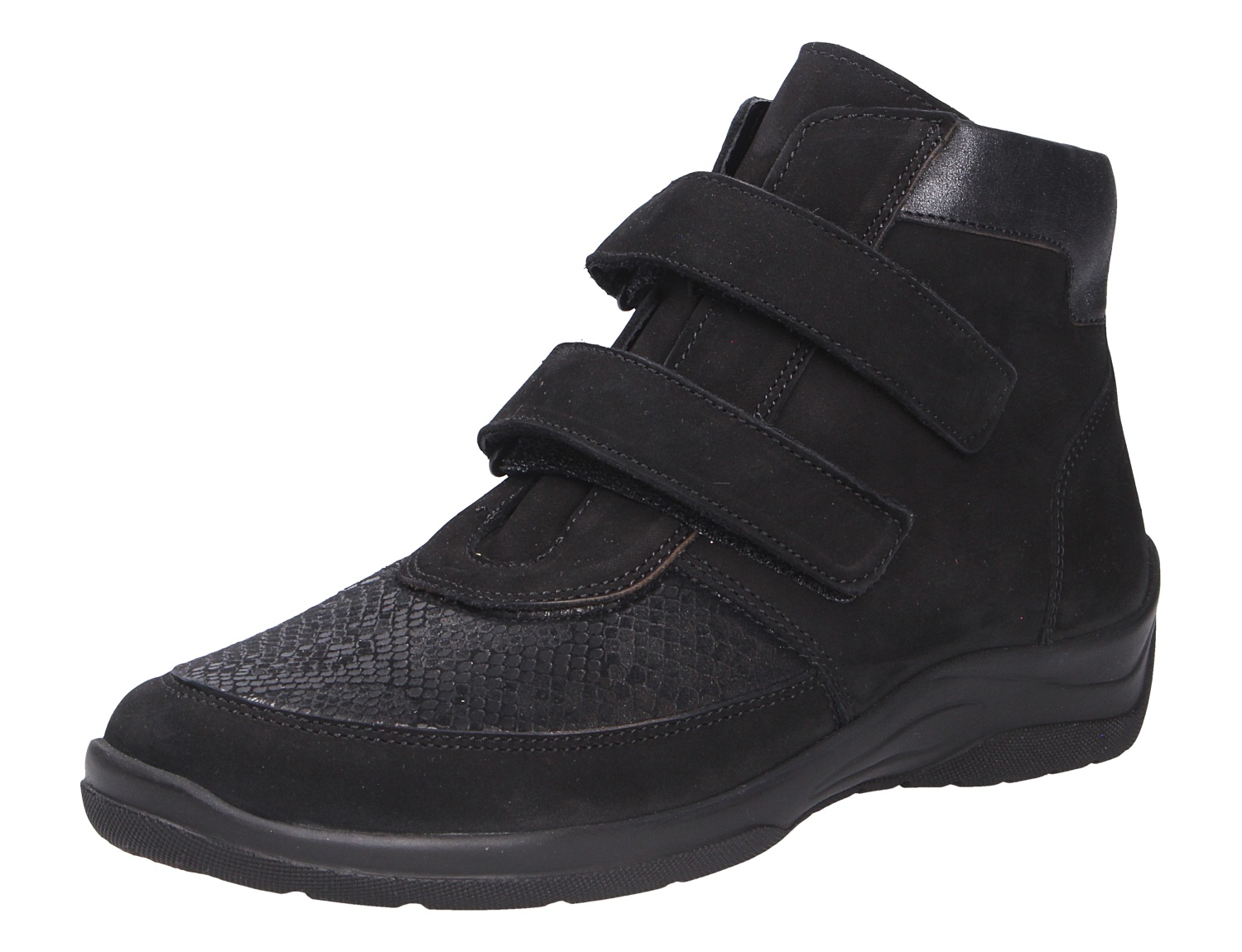 Schwarzer Waldläufer Damen Stiefel aus Leder mit zwei Klettverschlüssen, leichter Keilsohle und strukturierter Vorderkappe