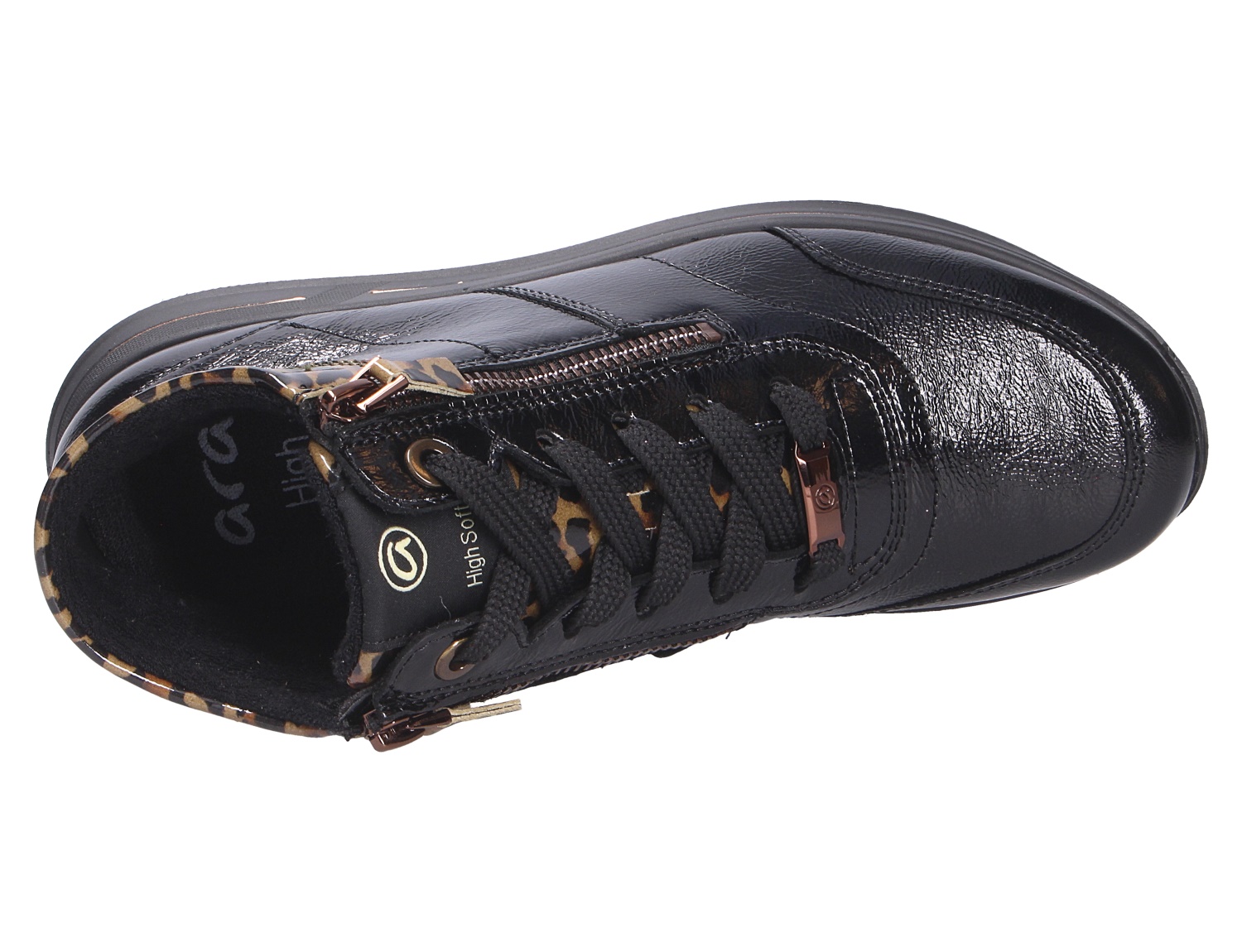 Ara OSAKA Damen-Sneaker in Schwarz aus glänzendem Lackleder mit Schnürung, seitlichem Reißverschluss und Leo-Details, Ansicht von oben