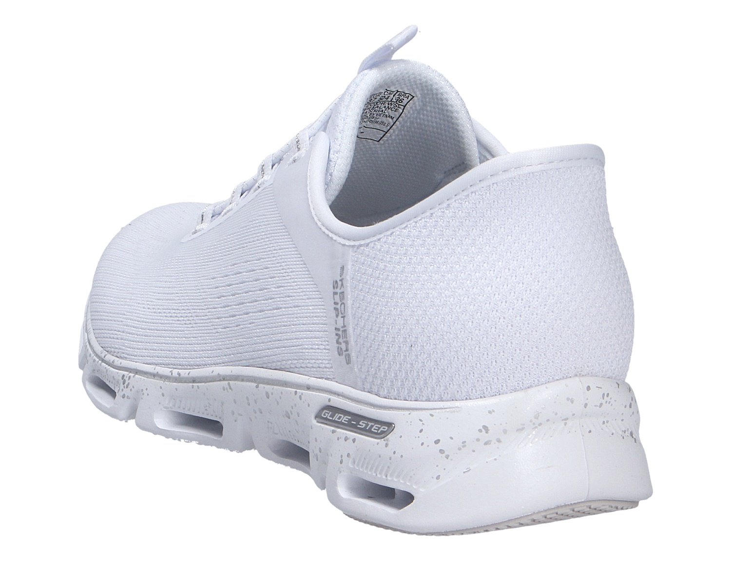 Skechers Glide Step Sneaker in Weiß, Rück- und Seitenansicht mit atmungsaktivem Obermaterial und markanter Glide-Step-Sohle