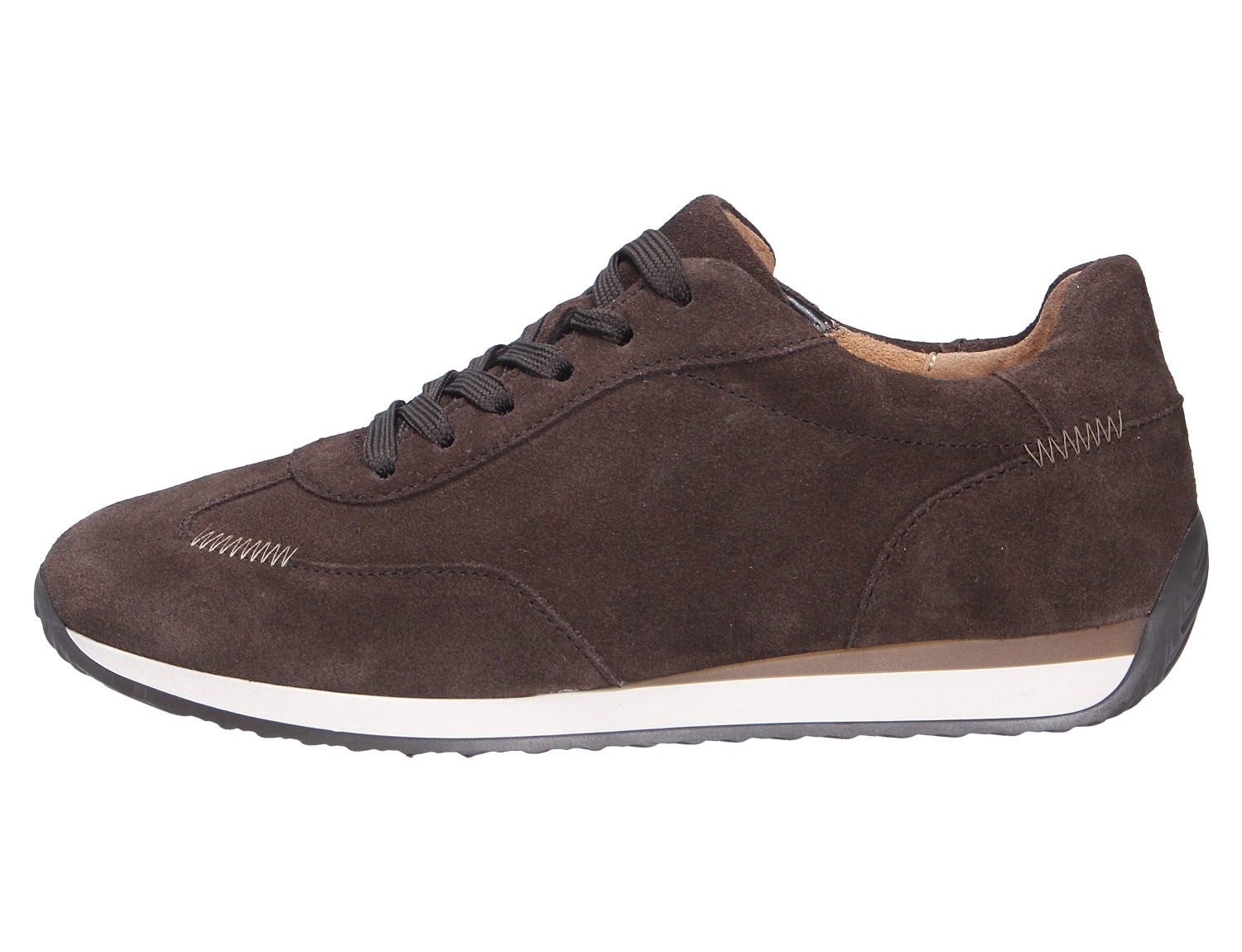 Gabor Damen Sneaker, brauner Schnürschuh aus Veloursleder mit heller Laufsohle in seitlicher Ansicht