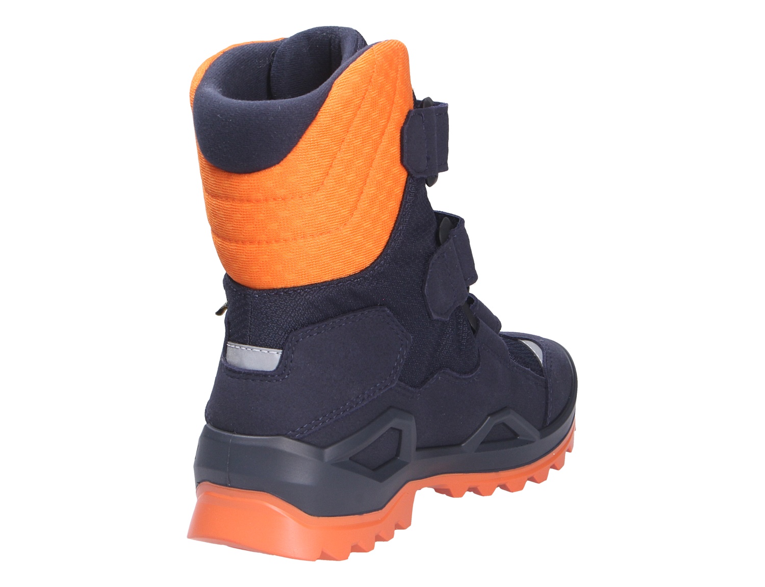 Rückansicht des Lowa MILO EVO GTX HI JR Kinder-Winterstiefels in Navy und Orange mit hohem Schaft, Klettverschlüssen und griffiger Sohle