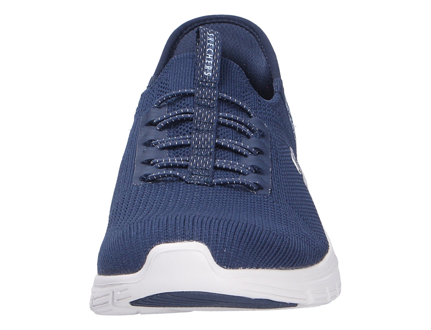 Frontalansicht des blauen Skechers Arch Fit Sneakers mit gestricktem Obermaterial und weißer Sohle