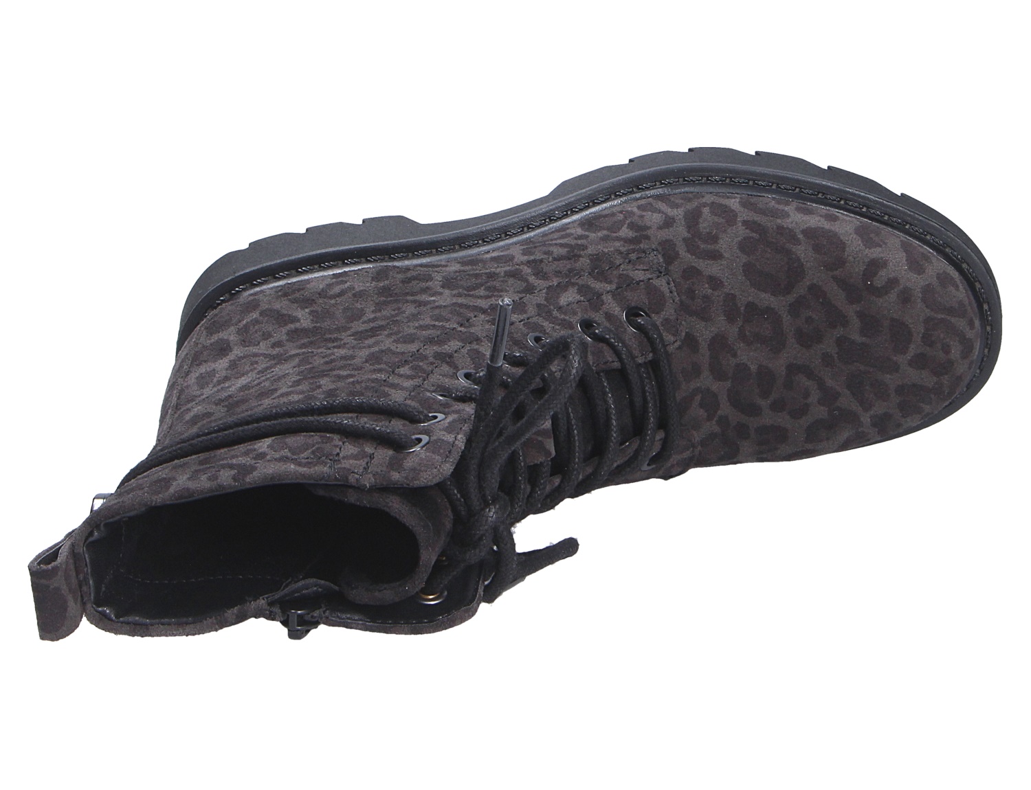 Tamaris Damen Stiefel in Schwarz mit dezentem Leo-Muster, Schnürung und robuster Profilsohle, Ansicht von oben