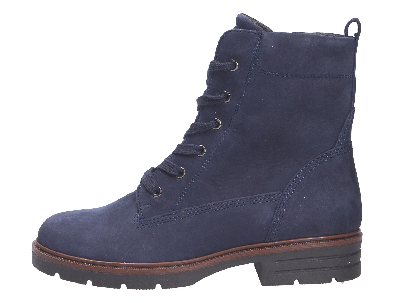 Gabor Damen Stiefel in Dunkelblau aus Nubukleder, seitliche Ansicht mit Schnürung, Zuglasche und robuster Profilsohle