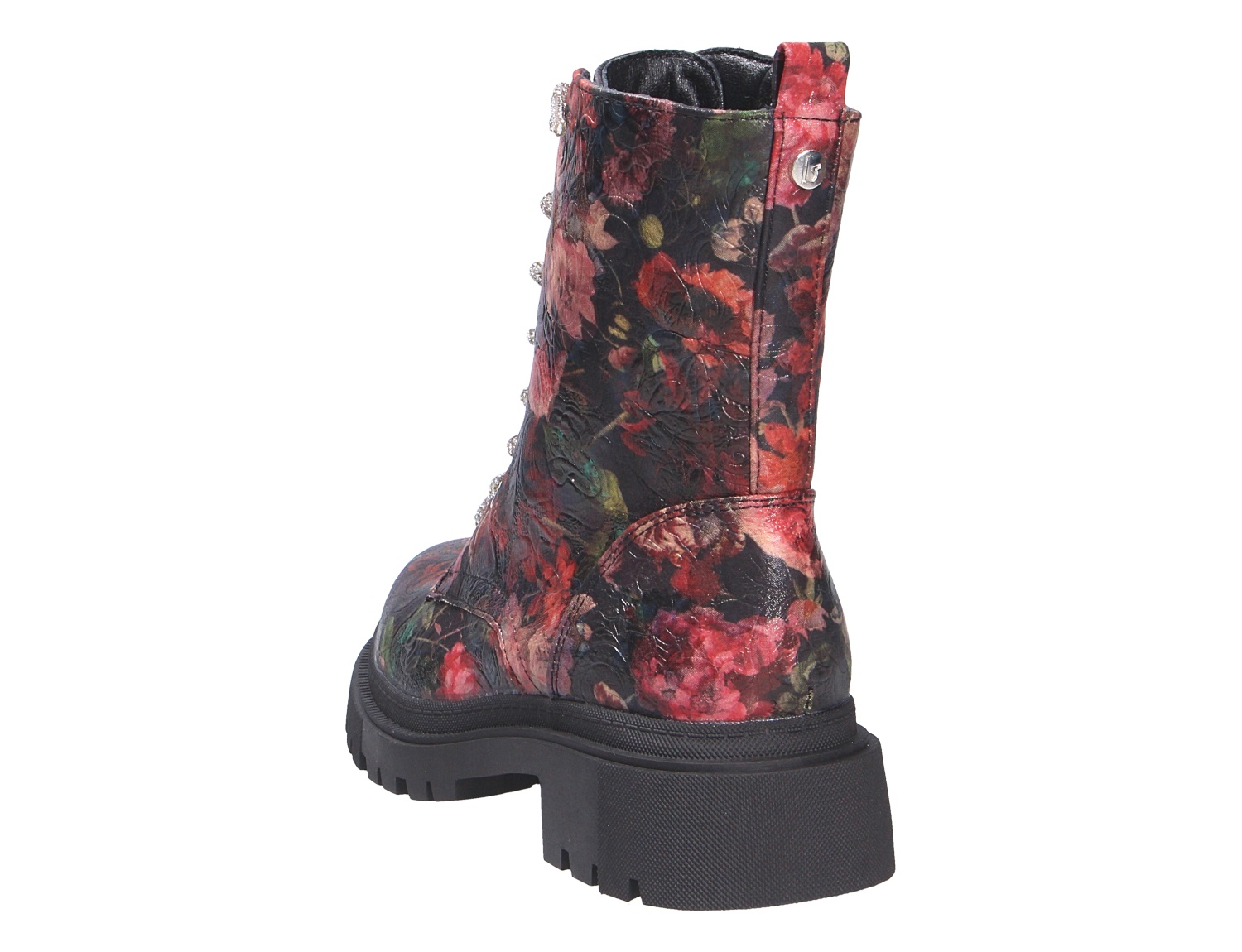 Rückansicht der La Strada Damen Stiefel mit floralem Mehrfarb-Print, schwarzer kräftiger Profilsohle und mittelhohem Schaft