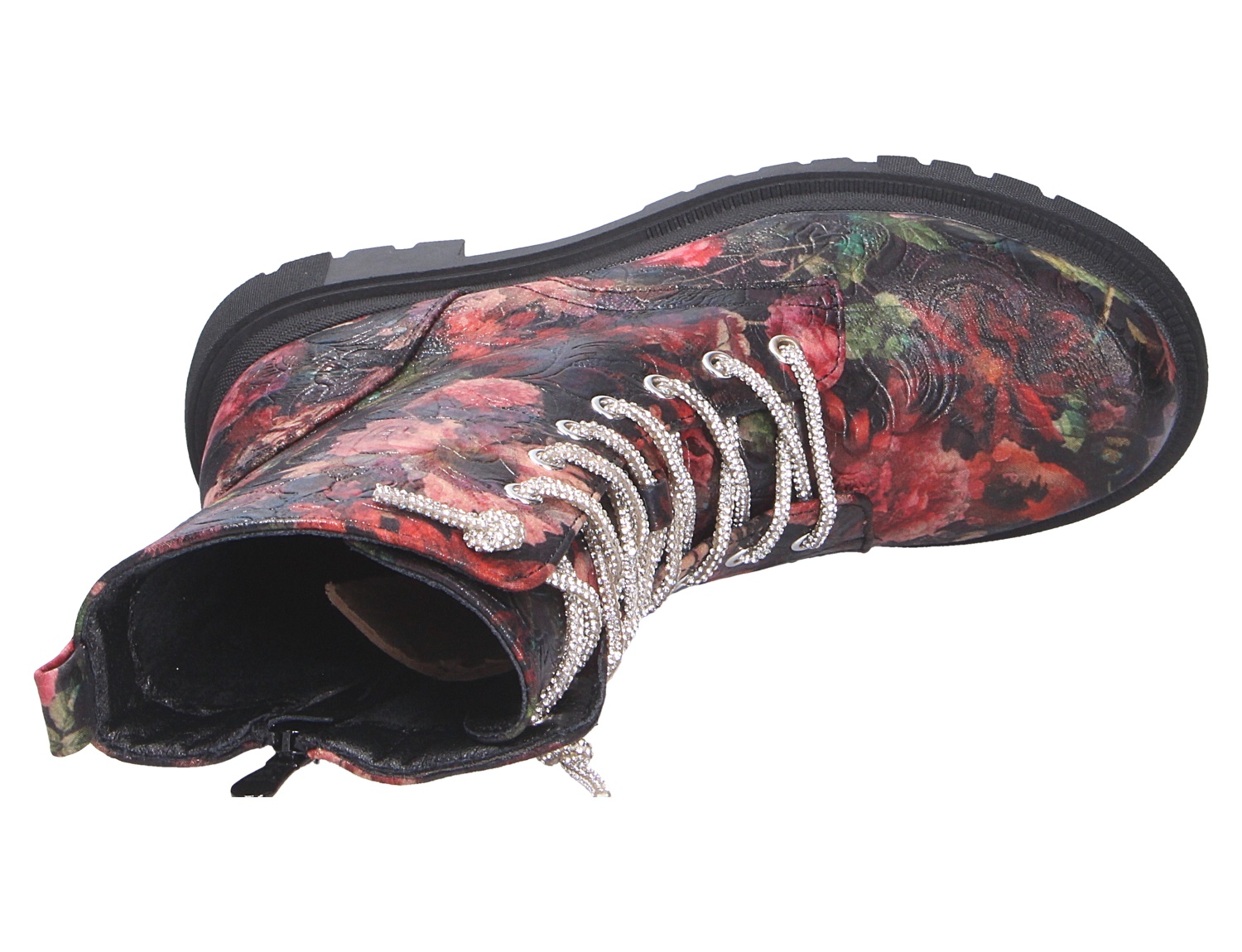 La Strada Damen Stiefel, knöchelhoher Schnürstiefel mit floralem Muster, schwarzer Profilsohle und funkelnden Glitzer-Schnürsenkeln