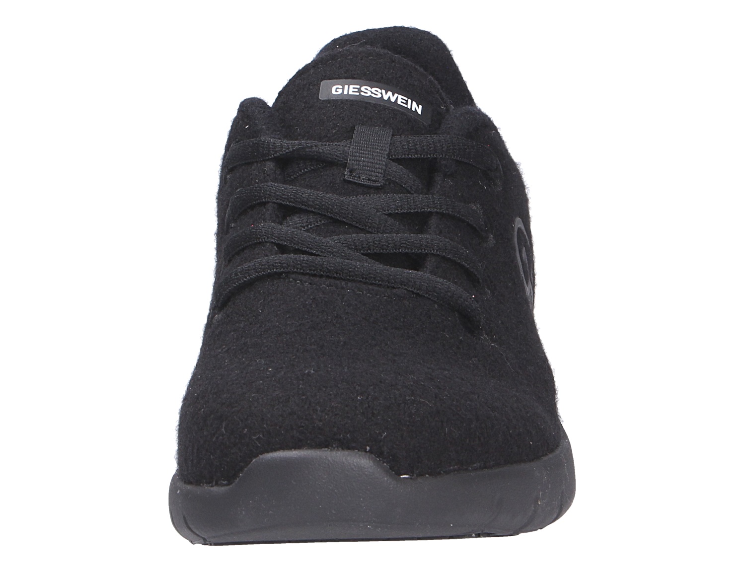 Frontansicht des schwarzen Giesswein MERINO RUNNERS WOMEN Damen-Sneakers aus Merinowolle mit Schnürung und flexibler Sohle
