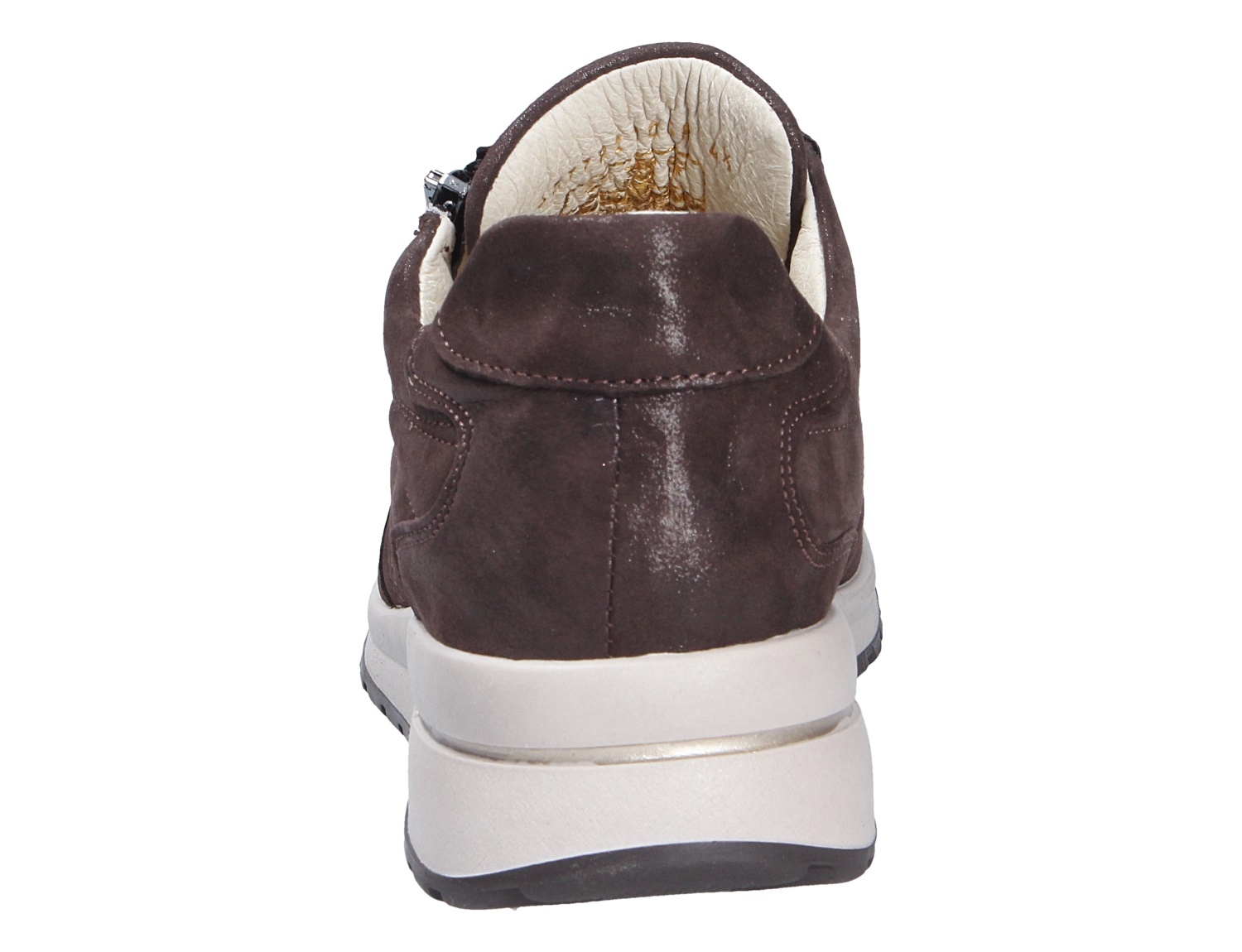 Rückansicht des Waldläufer H-Inessa Sneakers in Dunkelbraun mit heller Plateausohle und seitlichem Reißverschluss
