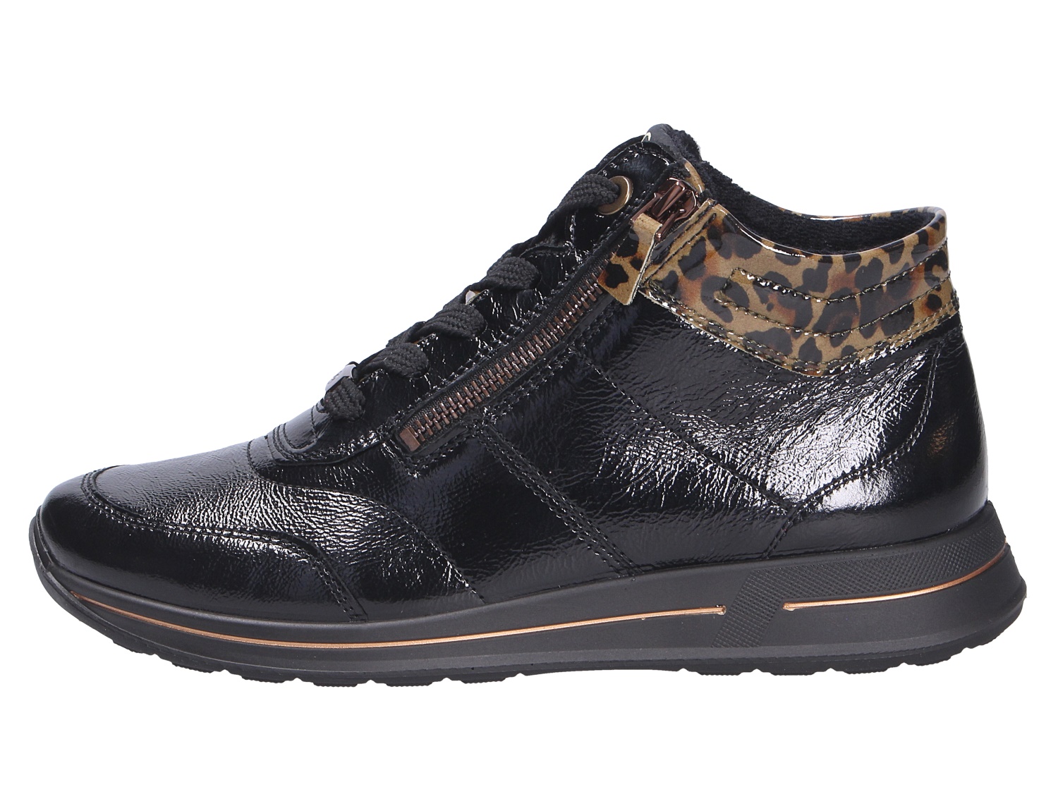 Ara OSAKA High-Top-Sneaker in Schwarz aus glänzendem Lackleder mit Schnürung, seitlichem Reißverschluss und gepolstertem Schaft mit Leo-Muster