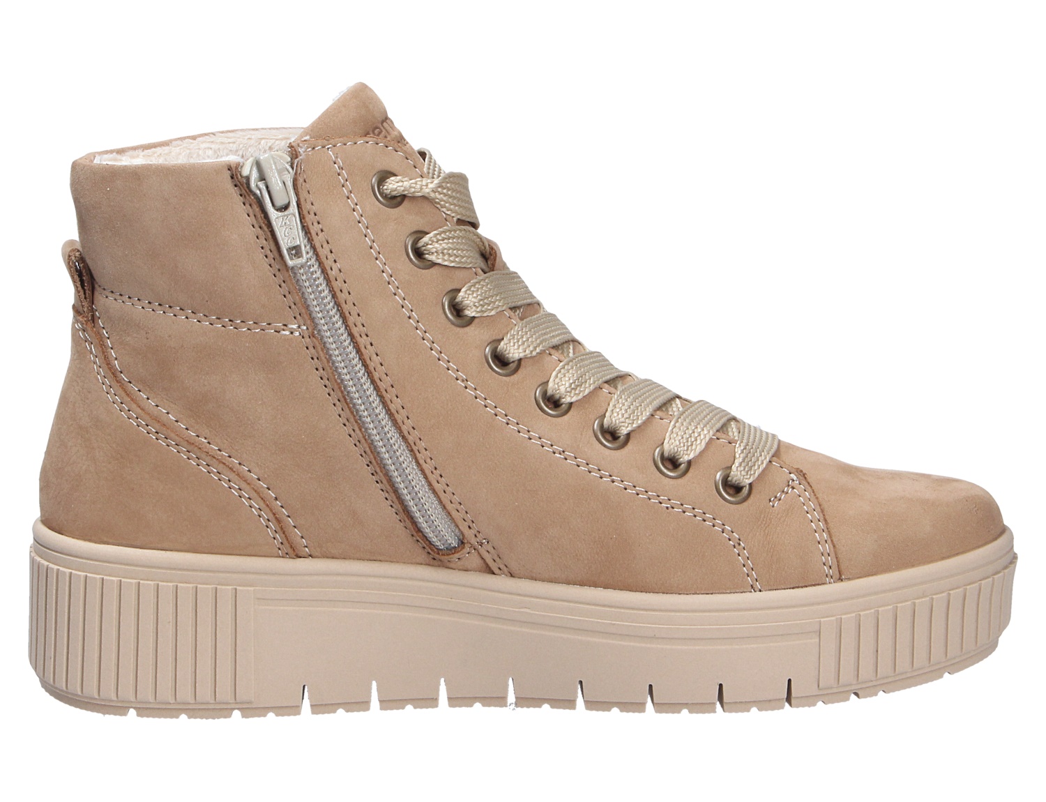 Remonte Damen Stiefel in Beige aus Veloursleder-Optik, gefütterter Schnürstiefel mit seitlichem Reißverschluss und markanter Plateau-Sohle
