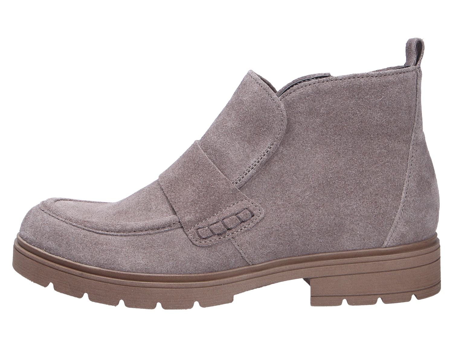 Gabor Damen Stiefel in Taupe aus Veloursleder, seitliche Ansicht, knöchelhoch mit markanter Profilsohle