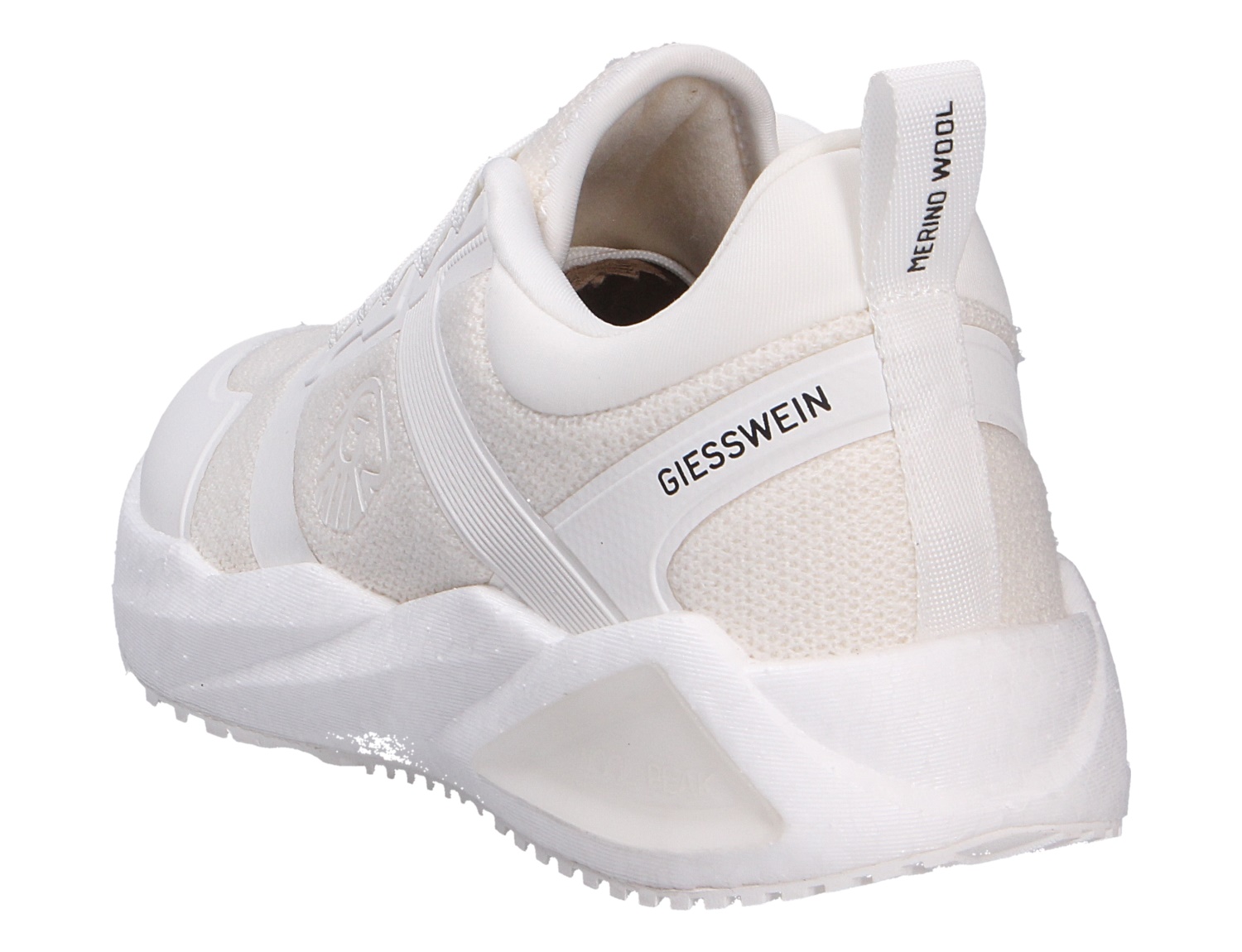 Giesswein WOOL PEAK WOMEN Damen-Sneaker in Weiß mit strukturierter Sohle und Fersenschlaufe, Rück- und Seitenansicht