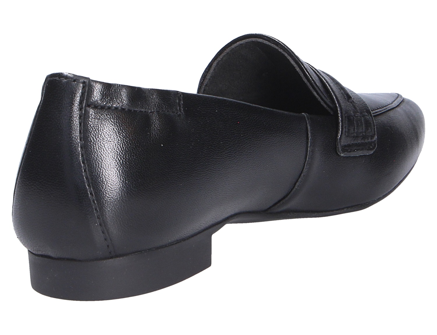 Paul Green Damen Slipper aus schwarzem Leder mit flachem Absatz und Zierlasche, gezeigt in Rück- und Seitenansicht